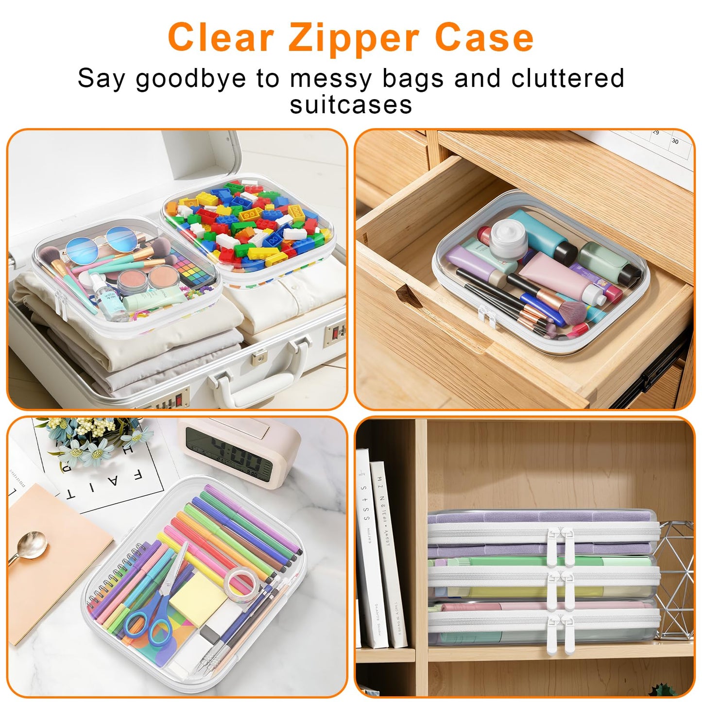 3PCS Clear Hard Shell Zipper Case,Toy Organizers and Storage Box,Clear Toiletry Cosmetic Case,Travel Makeup Bags,Diaper Bag Organizer,Pencil Case,Medium Stackable Portable Zipper Pouches 9.85*7.9*2 IN
