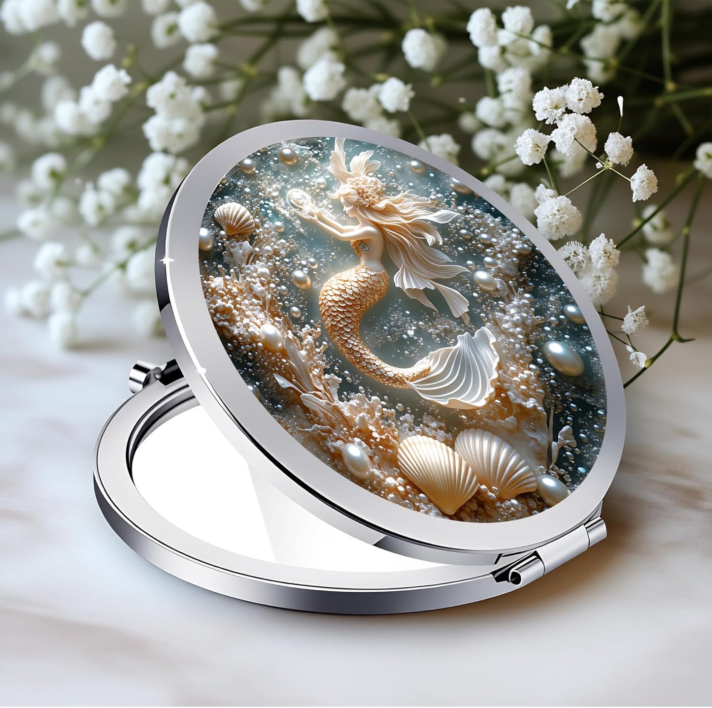 Silver Compact Mirror - Double-Sided Folding Makeup Mirror with Sun Moon Floral Design | 2.8"x2.8" - Perfect Gift for Women
