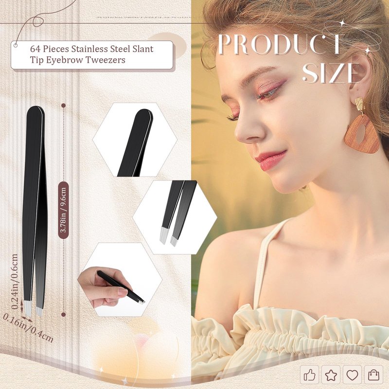 Lasnten 64 Pieces Eyebrow Tweezers Bulk for Women Men Slanted Precision Stainless Steel Tweezers for Facial Hair Removal Chin Hair Eyelash Extension Plucking Blackhead Grooming Self-care(Black)