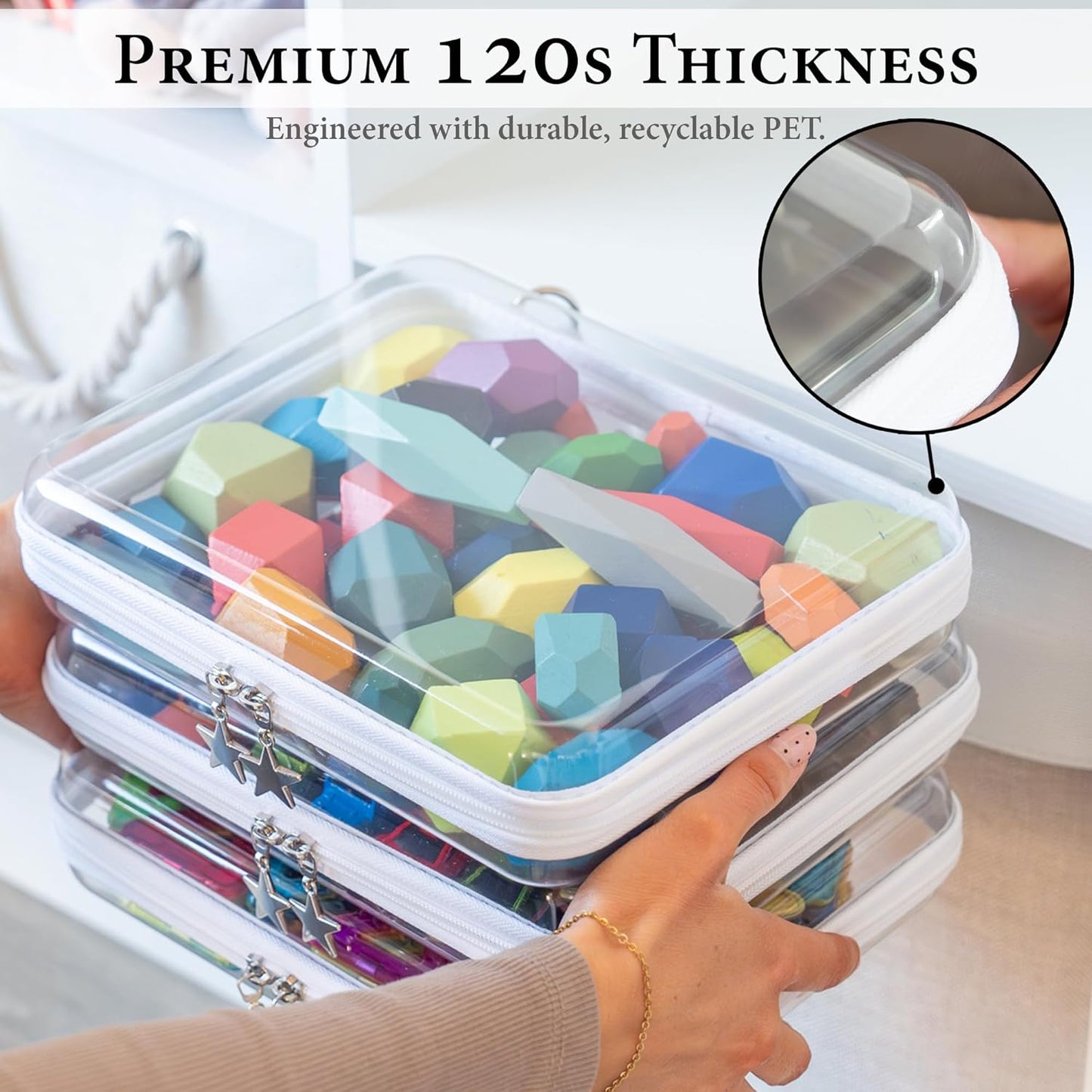 Clear Hard Shell Zipper Case Set - 3 Large Travel Organizers, 120s Thick PET Plastic, Dual Zippers & Charms | Removable Straps & Labels