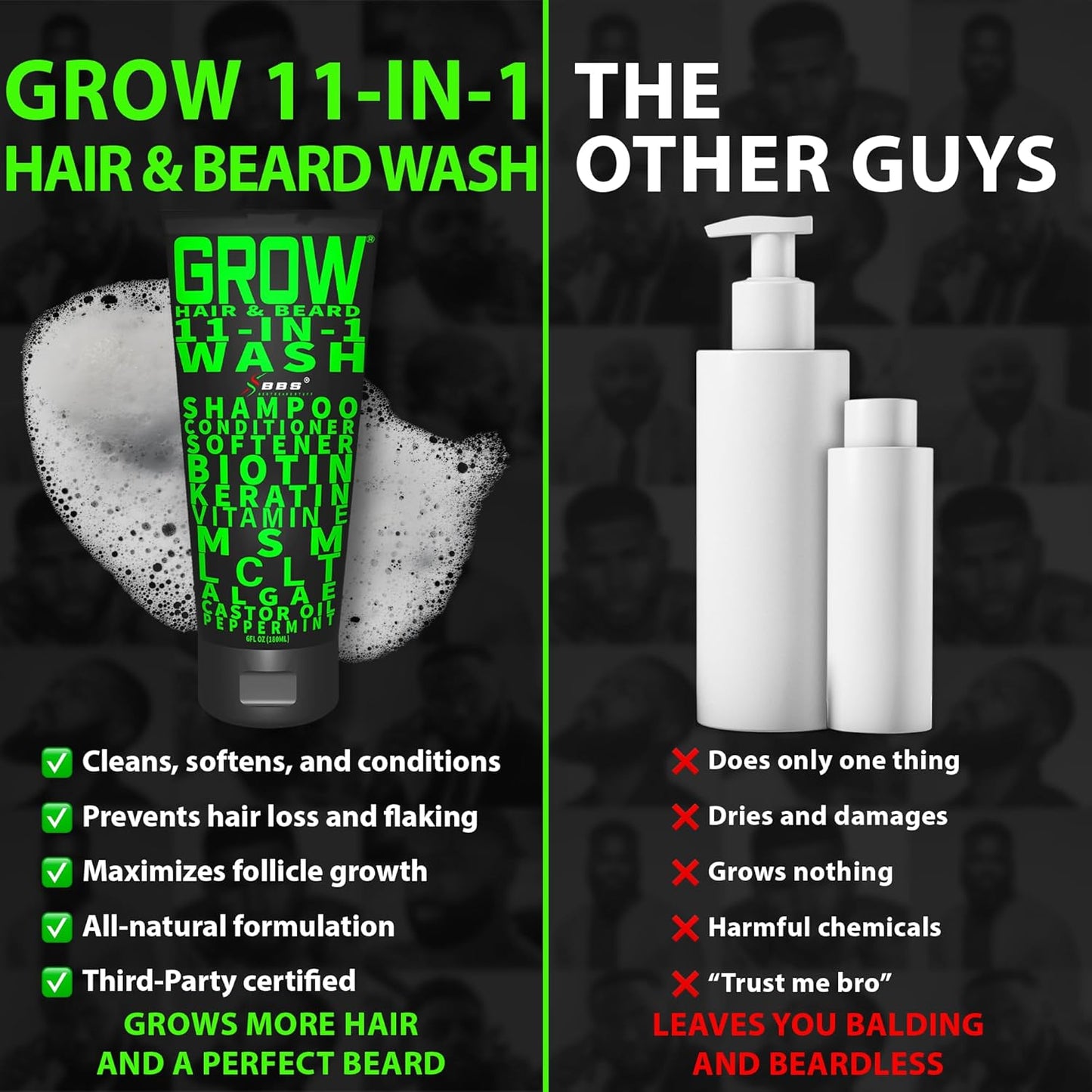 Beard Wash Shampoo & Conditioner 11-in-1 | Biotin & Castor Oil for Thicker Hair Growth