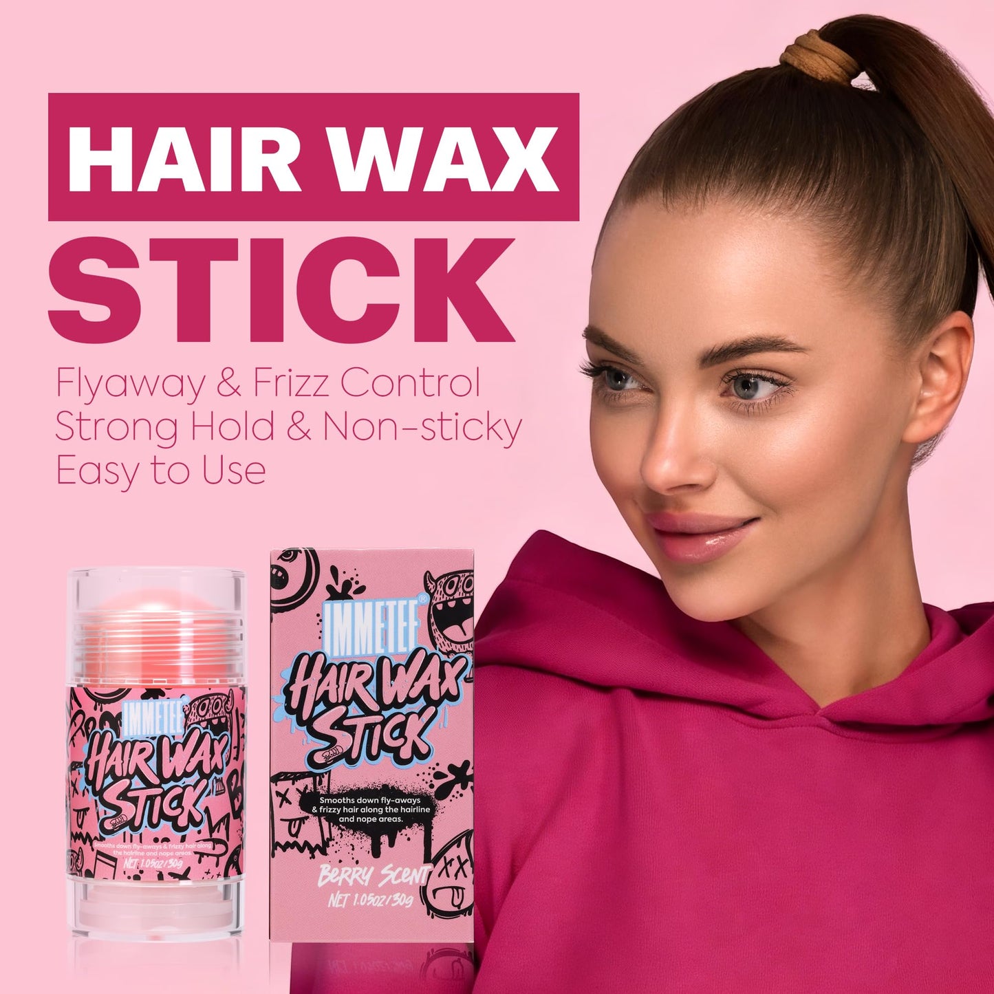 immetee Hair Wax Stick Womens, Frizz & Flyaways Hair Tamer Stick, Not Greasy, No Residue, Hair Wigs Edge Control Slick Gel for Hairstyling,1.05oz/30g (Blueberry Flavour)