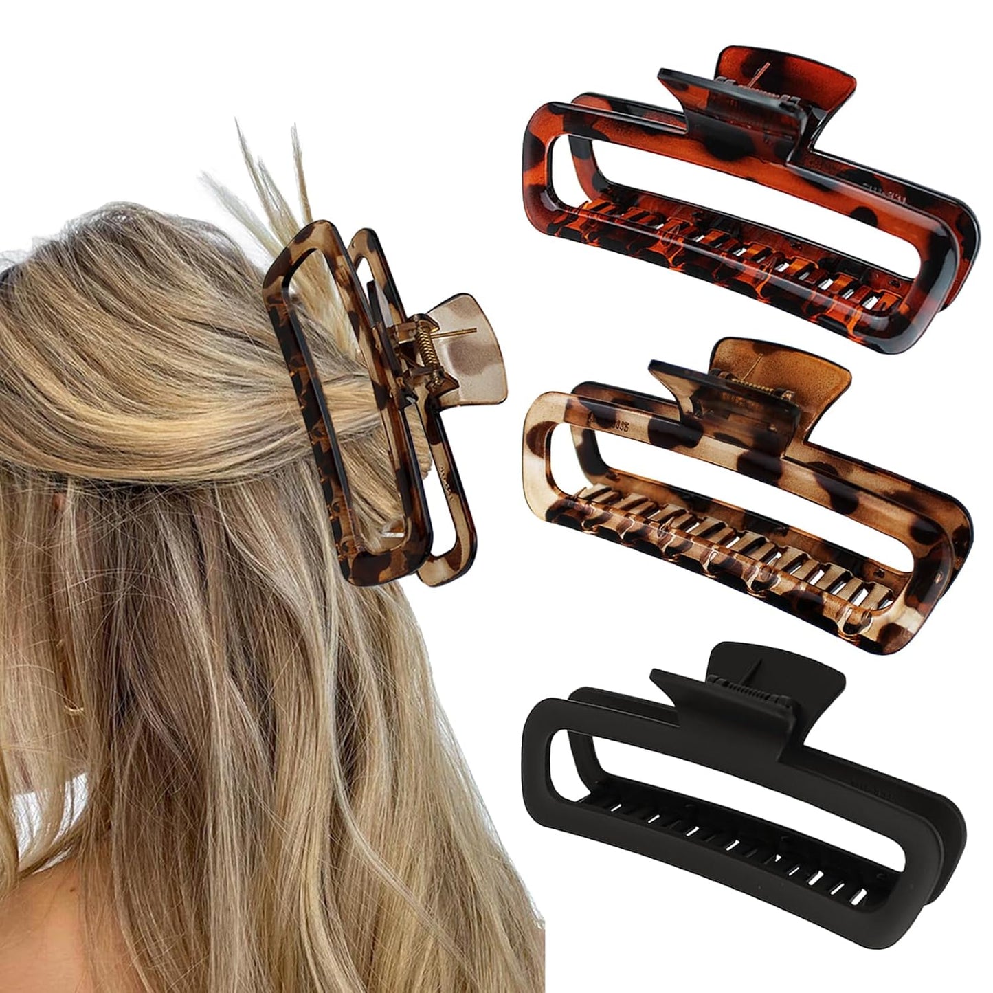 Large Hair Claw Clips - Unbreakable Glossy Rectangle Jaw Clips for Thick & Curly Hair | 5.1 Inch XL - 3 Pack