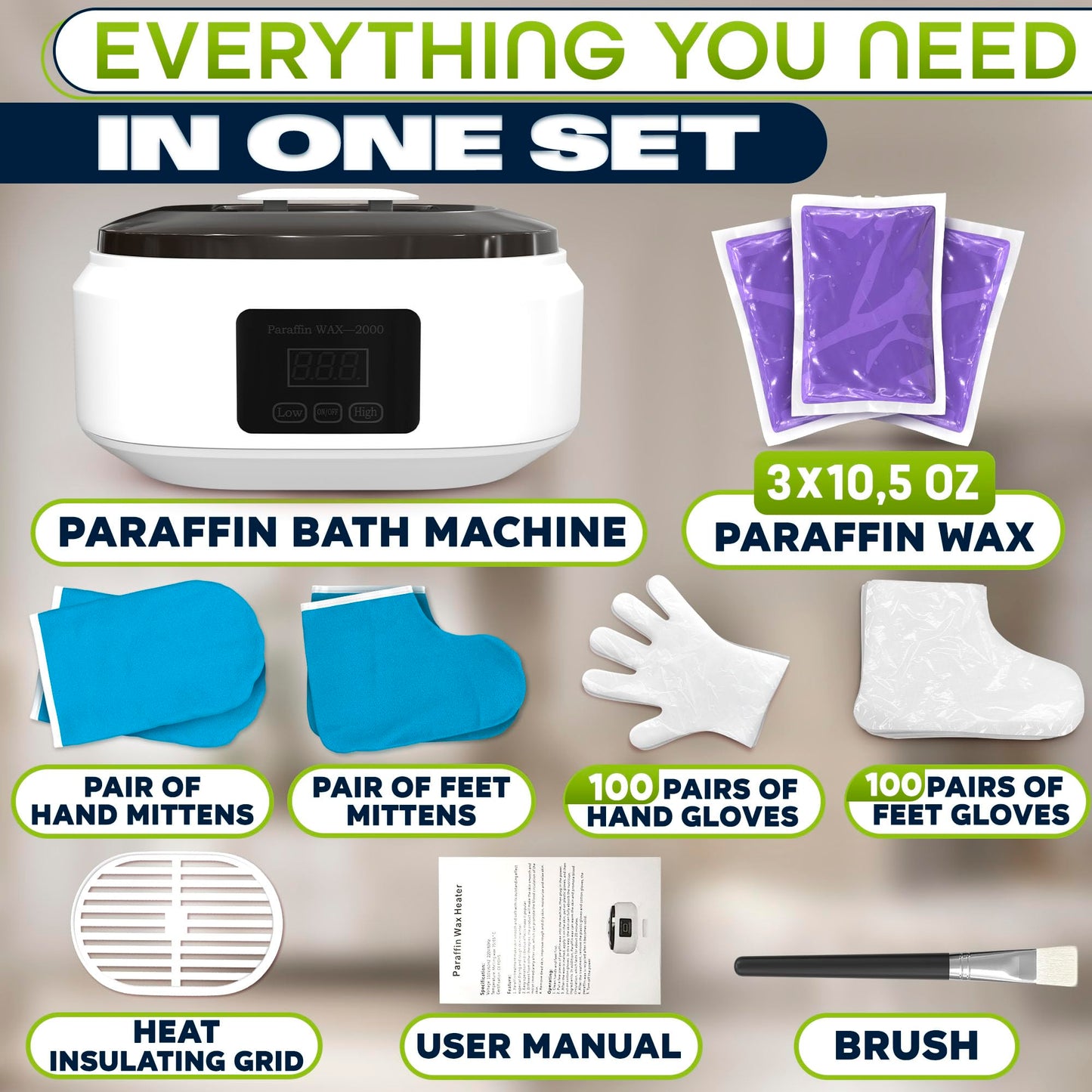 Paraffin Wax Machine for Hand and Feet – 3400ml Paraffin Wax Warmer, Adjustable Temperature with Two Modes, 110V Only (Not 220V) – Full Kit with Refill Packs, Reusable Mitts, Booties, Liners and Brush