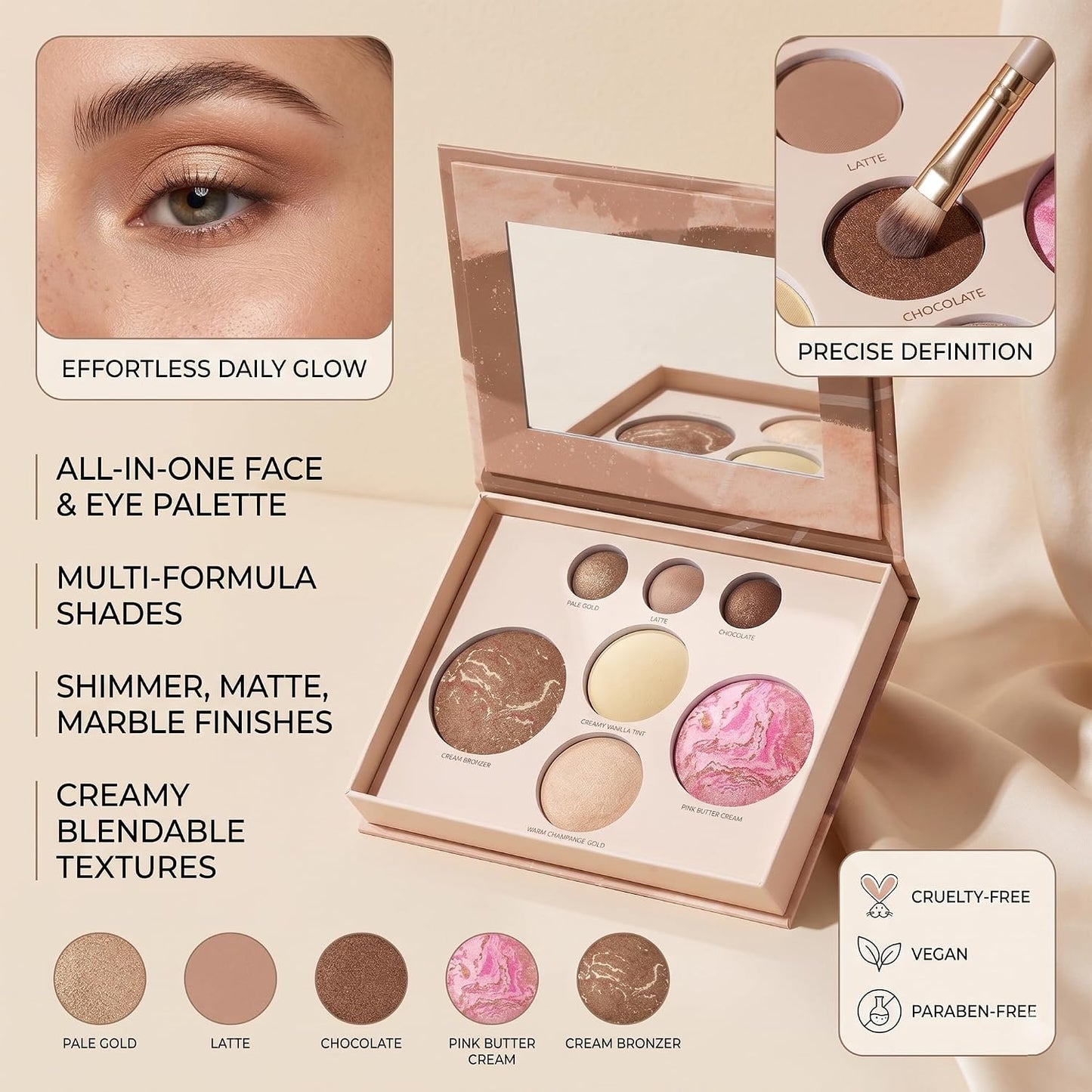 Baked Face & Eye Makeup Palette - Bronzer, Blush, 2 Highlighters & 3 Eyeshadows | Smooth Blendable Powder, Neutral Shades, Travel Compact Gift Set for Women