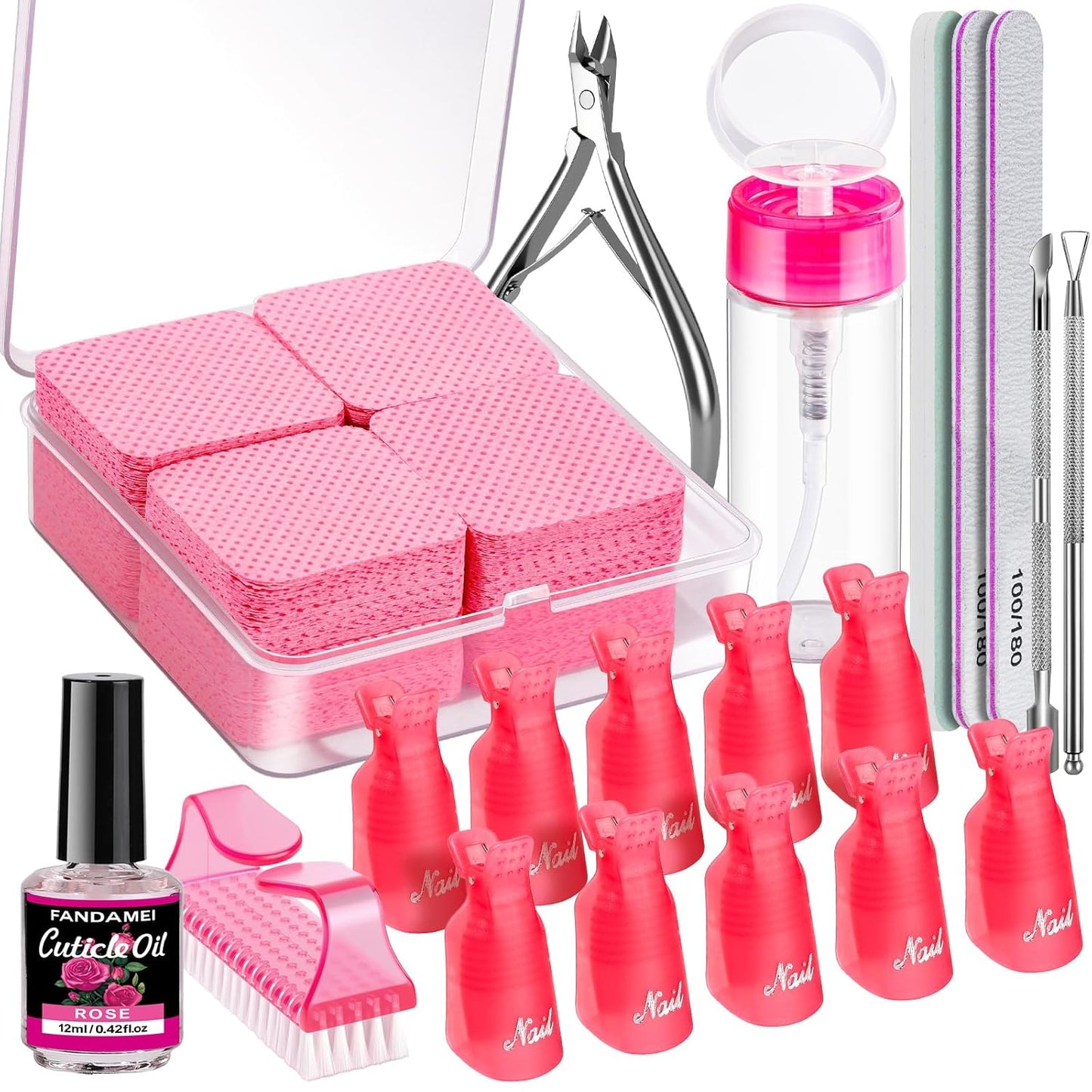 Nail Remover Kit - Complete Soak Off Tools Set with Clips, Wipes, Cuticle Nippers & Buffers | Gel Polish Remover