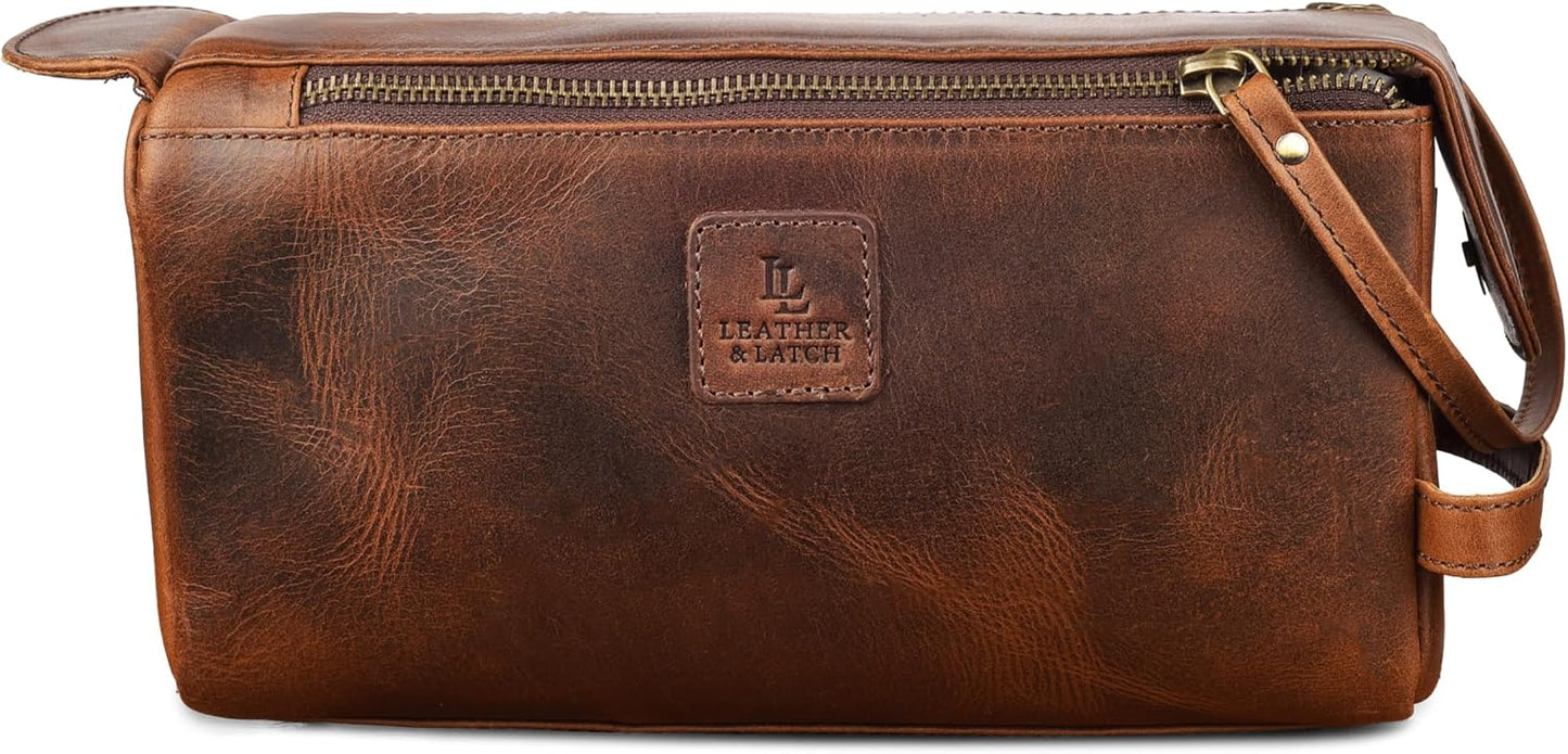 Full Grain Leather Toiletry Kit - Water-Resistant Travel Organizer for Men & Women | Rustic Brown Grooming Case