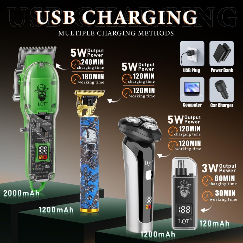 LQT Hair Clippers for Men, 4 Pcs Professional Cordless Rechargeable Transparent Plastic Clipper Set Body Trimmer Electric Razor for Men Nose and Ear Hair Trimmer with Bag, to Son Husband Father Gift