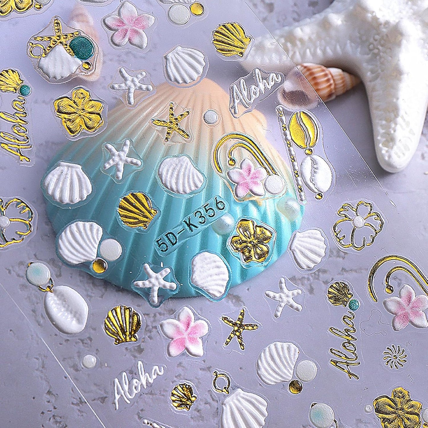 5D Embossed Beach Nail Stickers - Ocean-Themed White & Gold Shell & Starfish Designs | 2PCS Self-Adhesive Nail Art for Summer Manicure