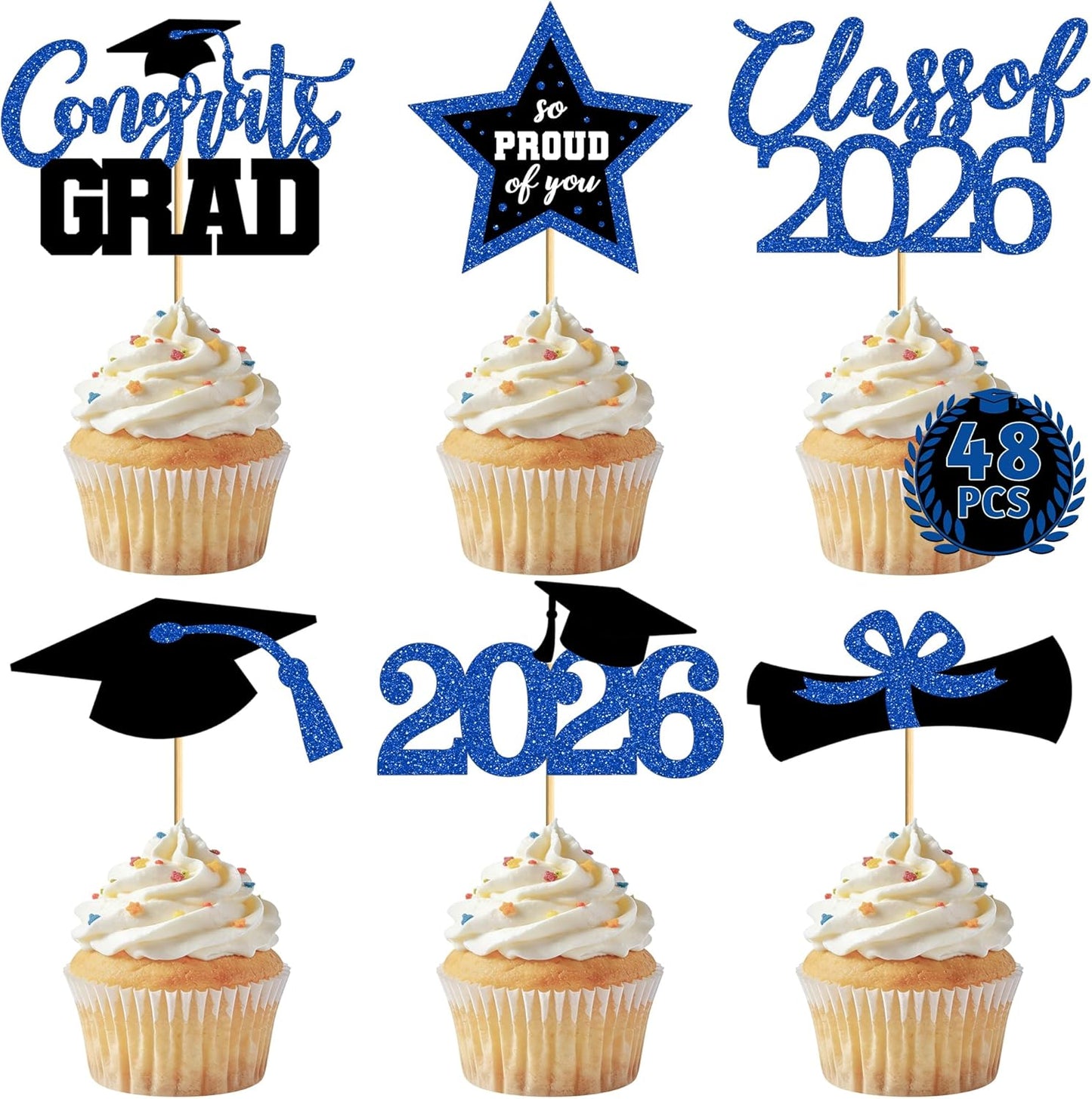 Graduation Cupcake Toppers - 48 PCS Black & Gold Congrats Grad Decorations | Glittery Cap & Diploma Picks for 2026 Party