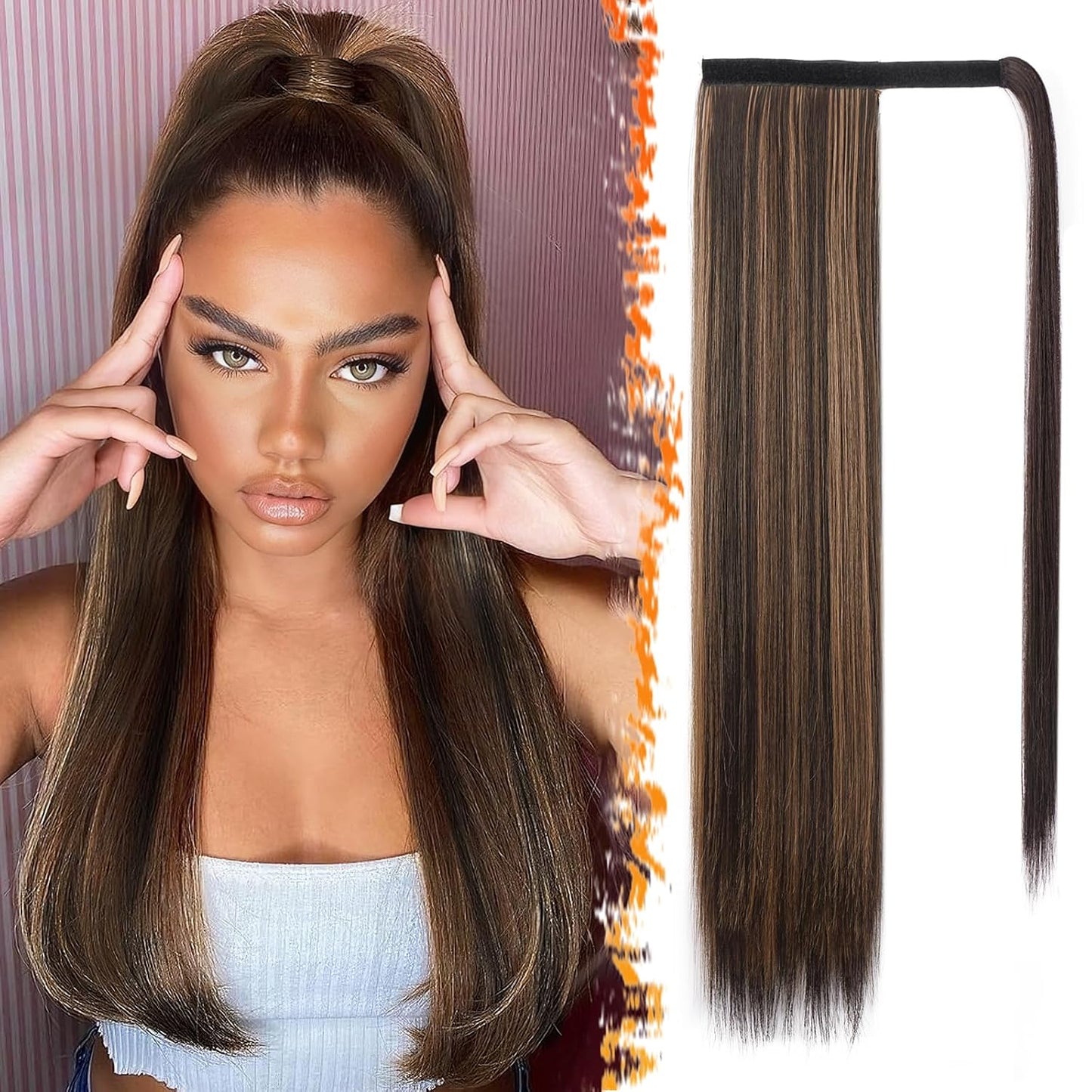 Dark Brown Straight Ponytail Extension - 28 Inch Clip-In Hairpiece for Women | Synthetic Wrap Around Style