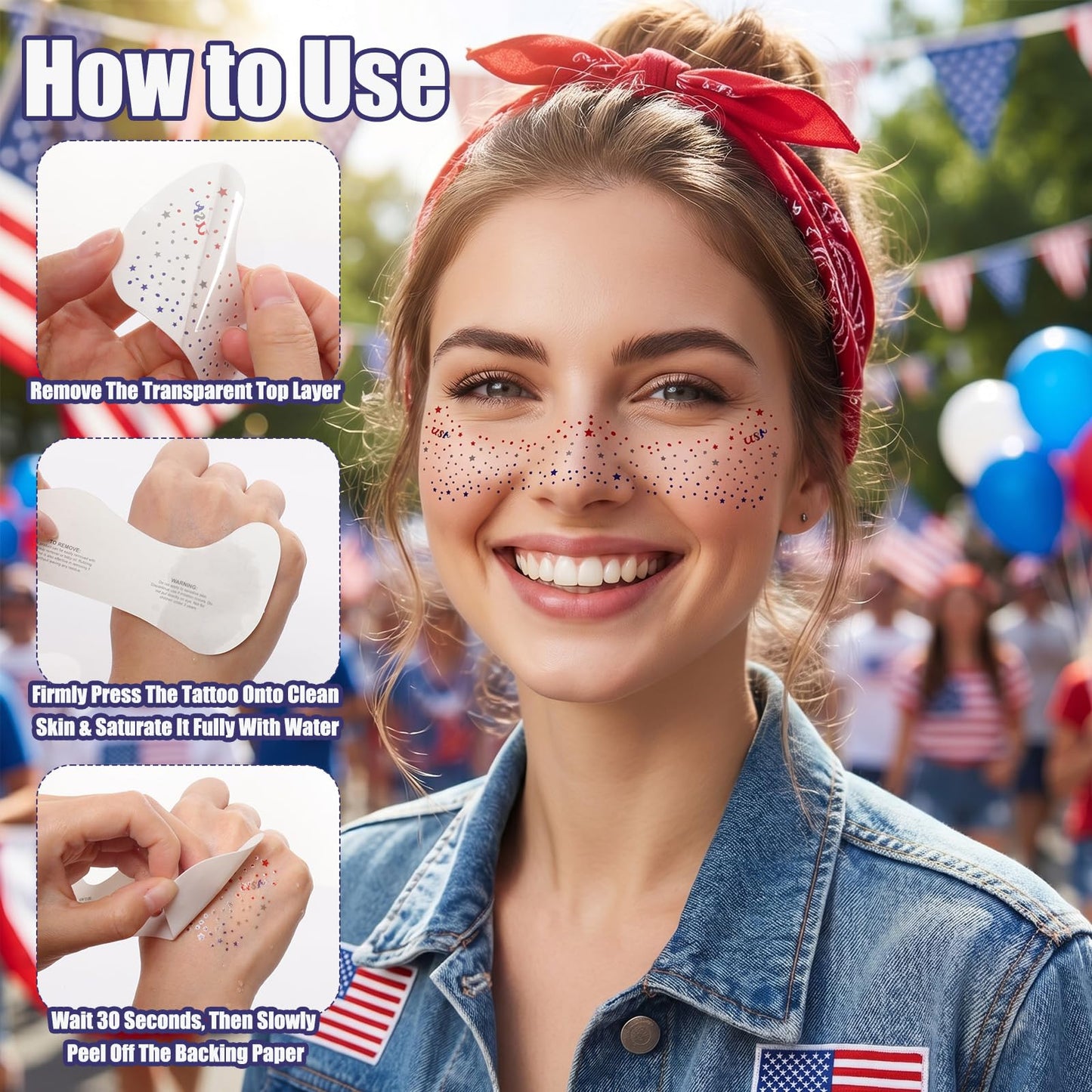 8 Pcs Patriotic Freckles 4th of July Freckles Face Tattoo Red White and Blue Glitter Face Tattoo 4th of July Outfits for Independence Day