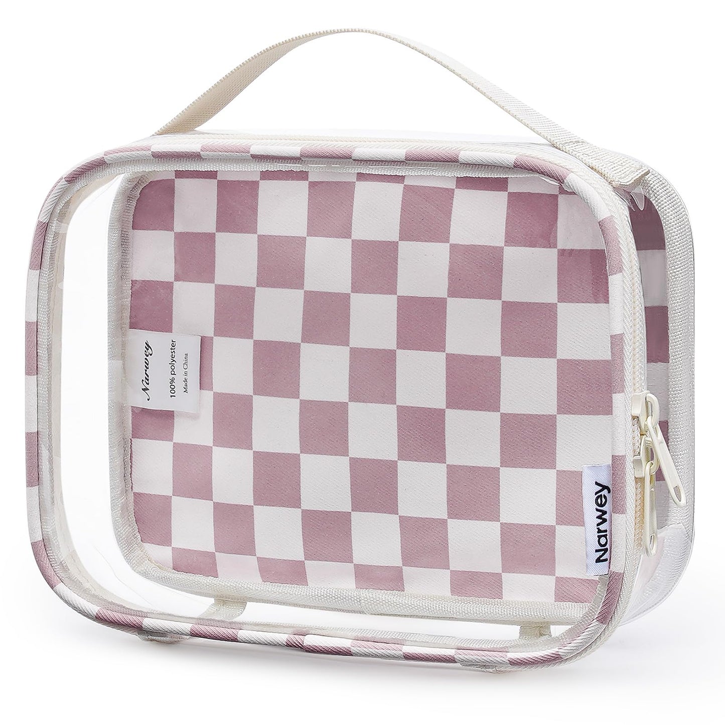 Narwey TSA Approved Clear Toiletry Bag for Travel Waterproof PVC Clear Makeup Bags, Portable Compact Cosmetic Bag Make Up Organizer, Airport Airline Quart Size Compliant Bag (Light Brown Checkerboard)