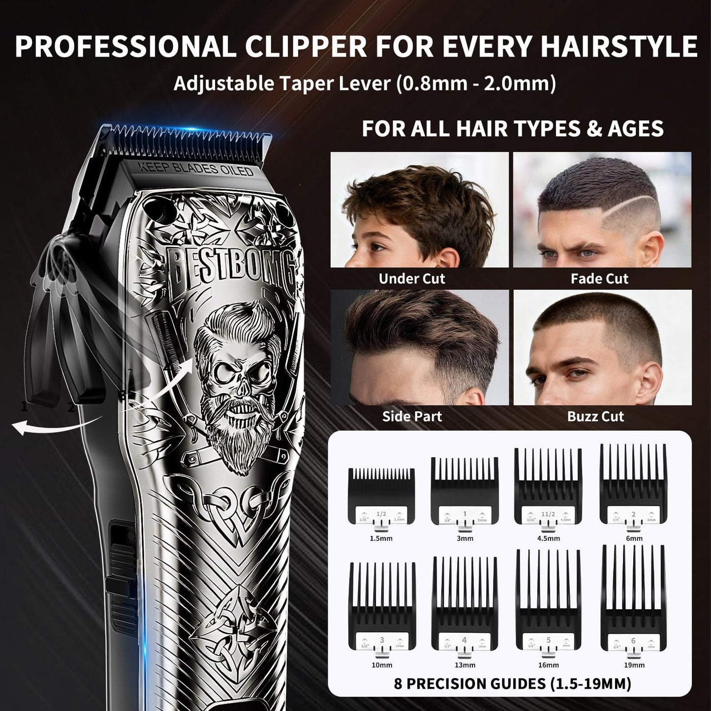 BESTBOMG Professional Cordless Mens Hair Clippers & Beard Trimmer and Electric Shavers Kits & Sets,Metal Hair Clippers Cutting Grooming Kit with Long Battery Life for Family Barber Use (Gray)