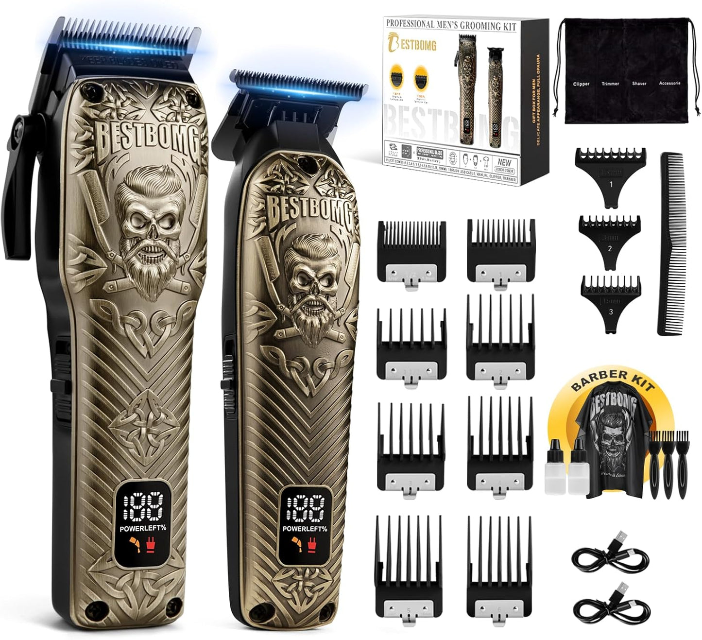 BESTBOMG® Hair Clippers - Cordless Ceramic T-Blade Haircut Set with 10 Guide Combs for Men