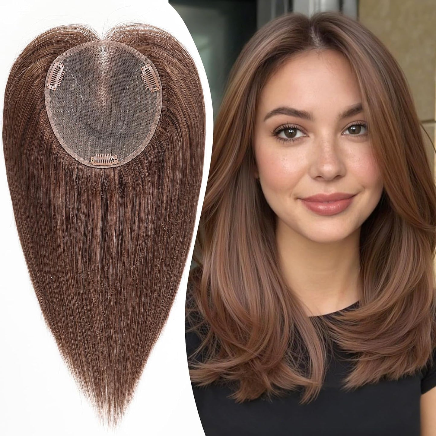 Real Human Hair Toppers for Women - 14 Inch Silk Base | Ash Blonde Mixed Brown with Bangs - 60g