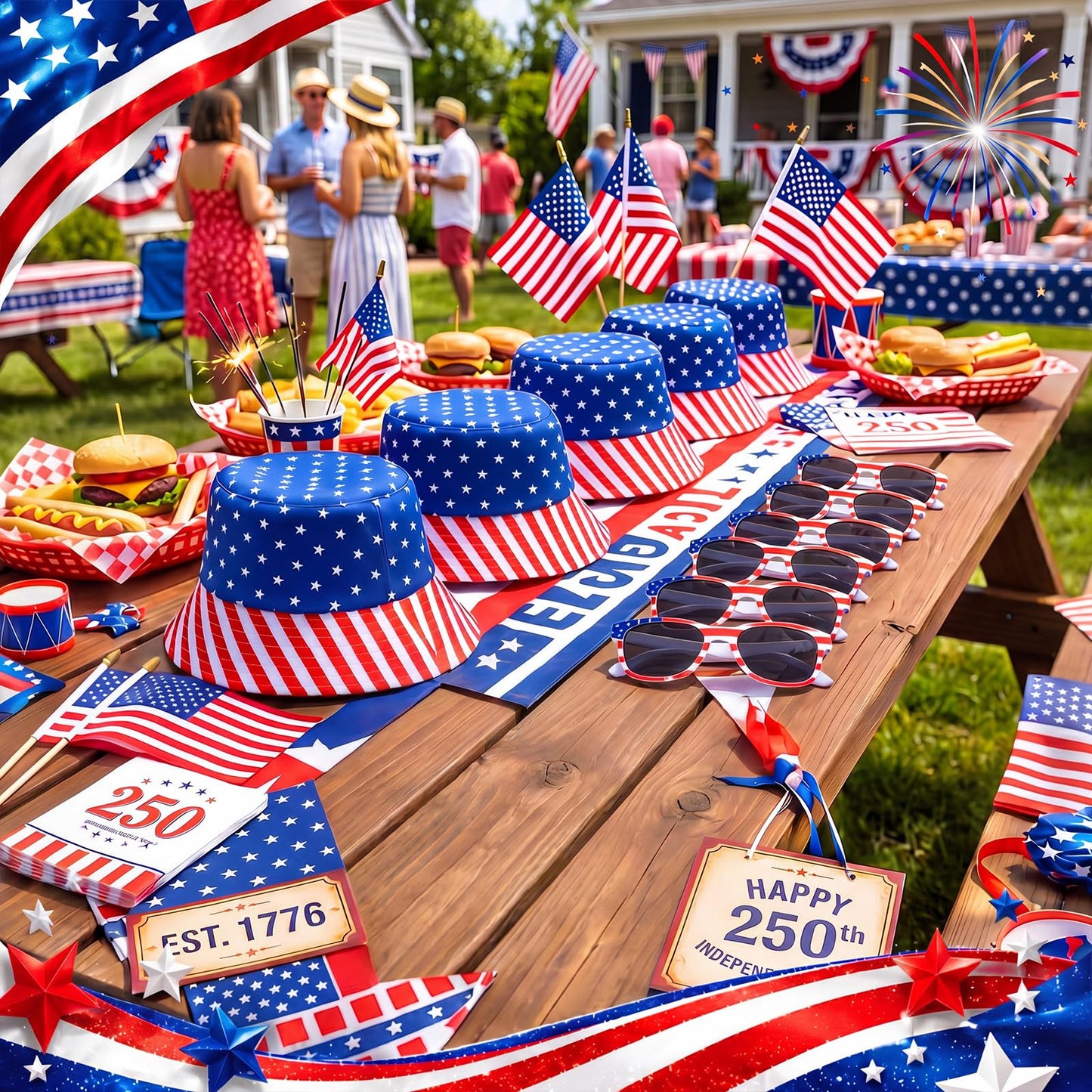 Chicingyou 24 Pcs 4th of July Accessories American Flag Hats and Patriotic Sunglasses Bulk USA Star Patriotic Cap Red White Blue Hats (Bucket Hats)