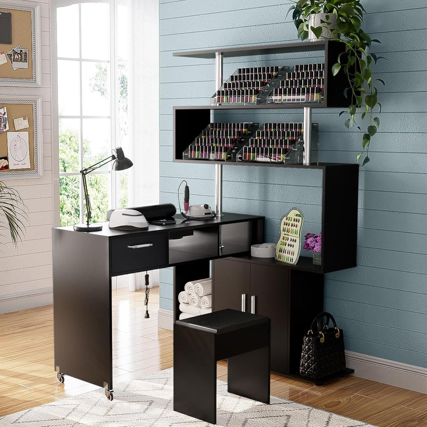 Manicure Table - L-Shaped Nail Desk with Dust Collector & Storage | Mobile Workstation in White