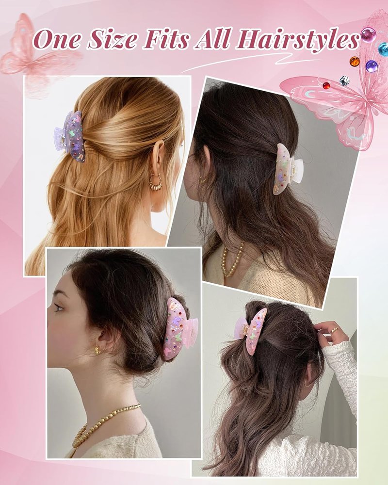 Bow Printed Hair Claw Clips - Non-Slip Medium Grip Clips with Colored Zircon | 3.74” Acrylic Jaw Clips (Pink, Gray, Skin Color)