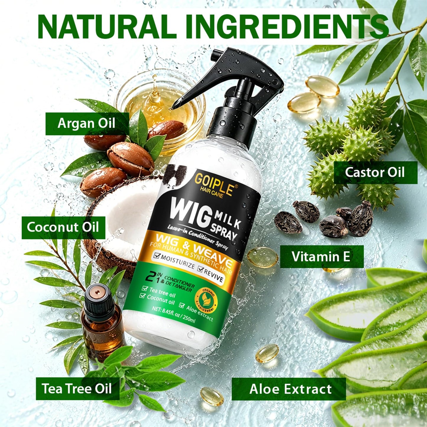 Wig Milk Spray for Synthetic Hair, Leave-In Conditioner Wig Detangler Spray for Human Wigs, Conditioner ＆ Detangler 2 in 1 Moisturizer, Hydrates & Replenishes Synthetic Hair Wigs Easy Combing 250ML