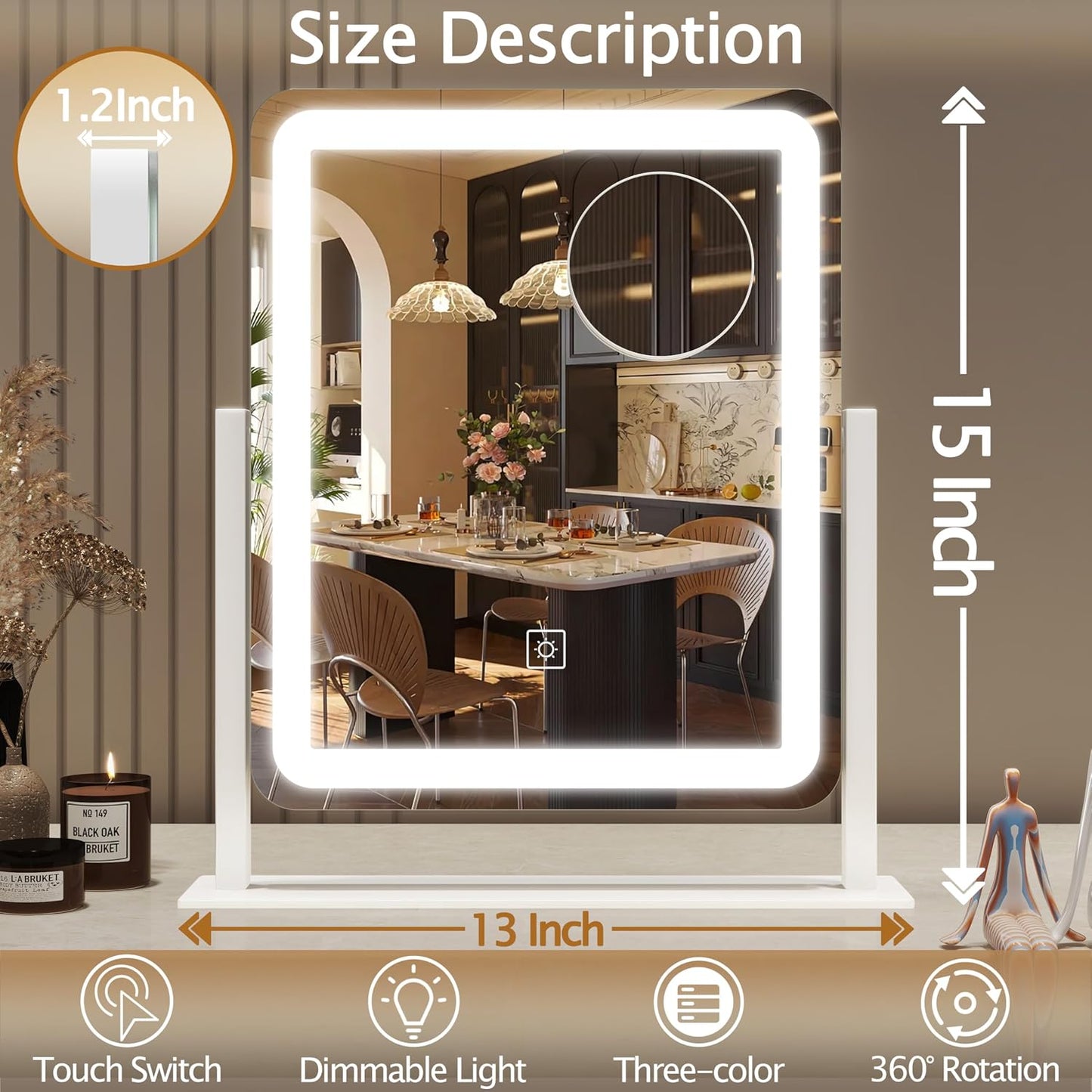Lighted Vanity Mirror - Dimmable Makeup Mirror with 3 Color Smart Touch Control | 15"x13" HD Glass, 360° Rotation, Aluminum Frame