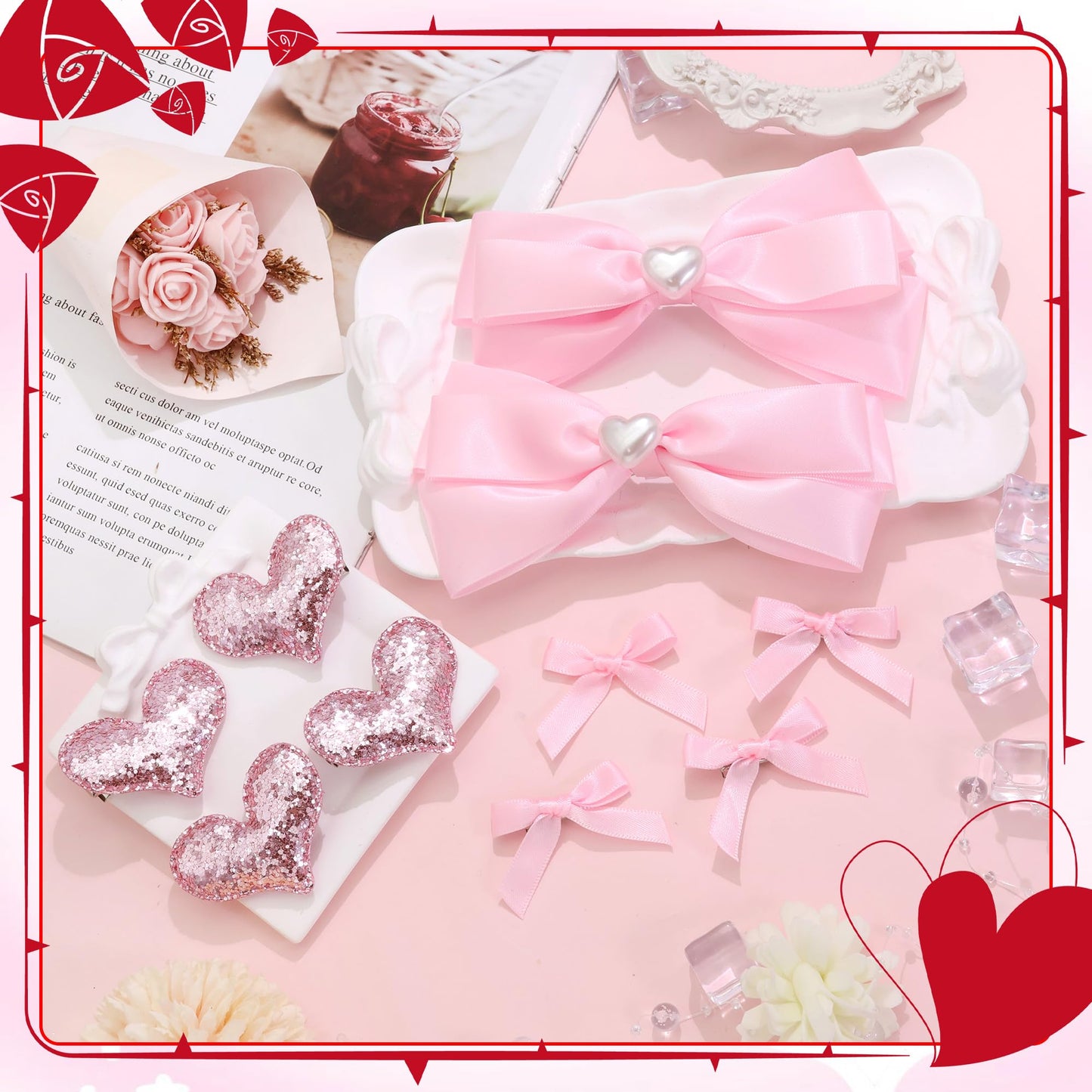STGDAK Hair Bows Pink Heart Clips Glitter Sequin Bow Clip Mini Heart Hairpin Easter Bowknot Barrettes Satin Ribbon Bows For Girls Easter Basket Stuffers for Girls Gifts