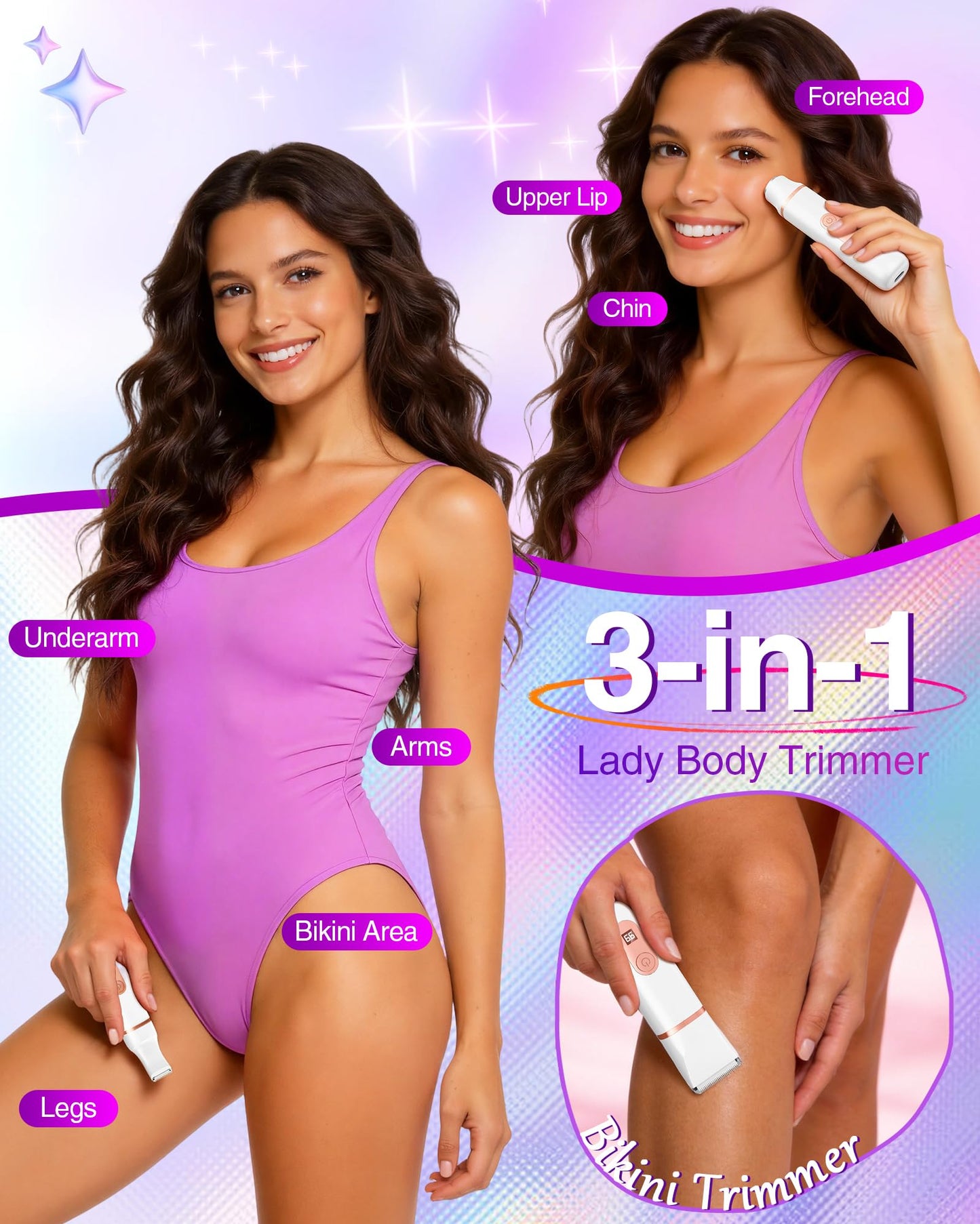Bikini Trimmer for Women: 3-in-1 LED Display Painless Electric Razor & Shaver for Face, Body & Pubic Hair, IPX7 Waterproof Cordless Body Hair Trimmer, Easy Cleaning & USB Charge Dock, Gift-Ready