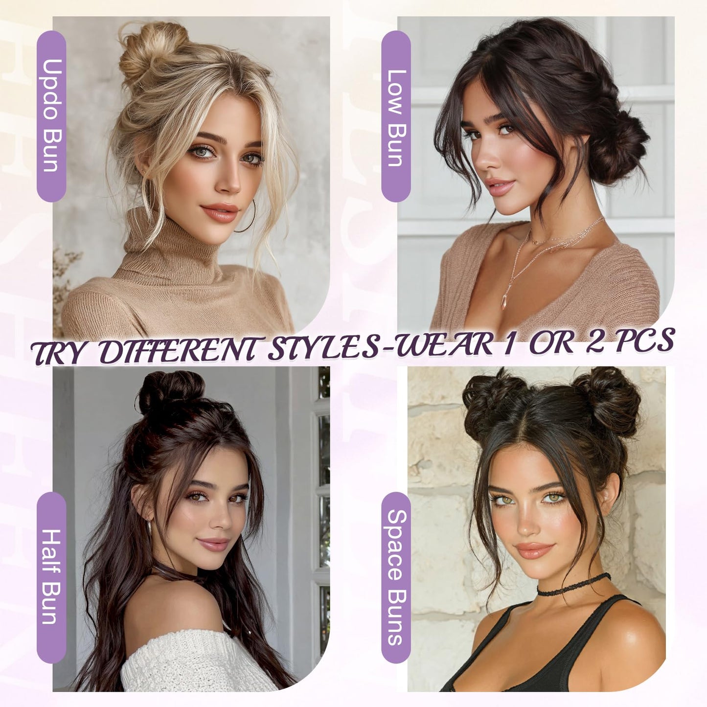 FESHFEN 2PCs Small Messy Bun Hair Piece for Thin Hair Women Girl Mini Synthetic Elastic Wavy Space-bun Scrunchies Updo Hairpieces, Brown Black