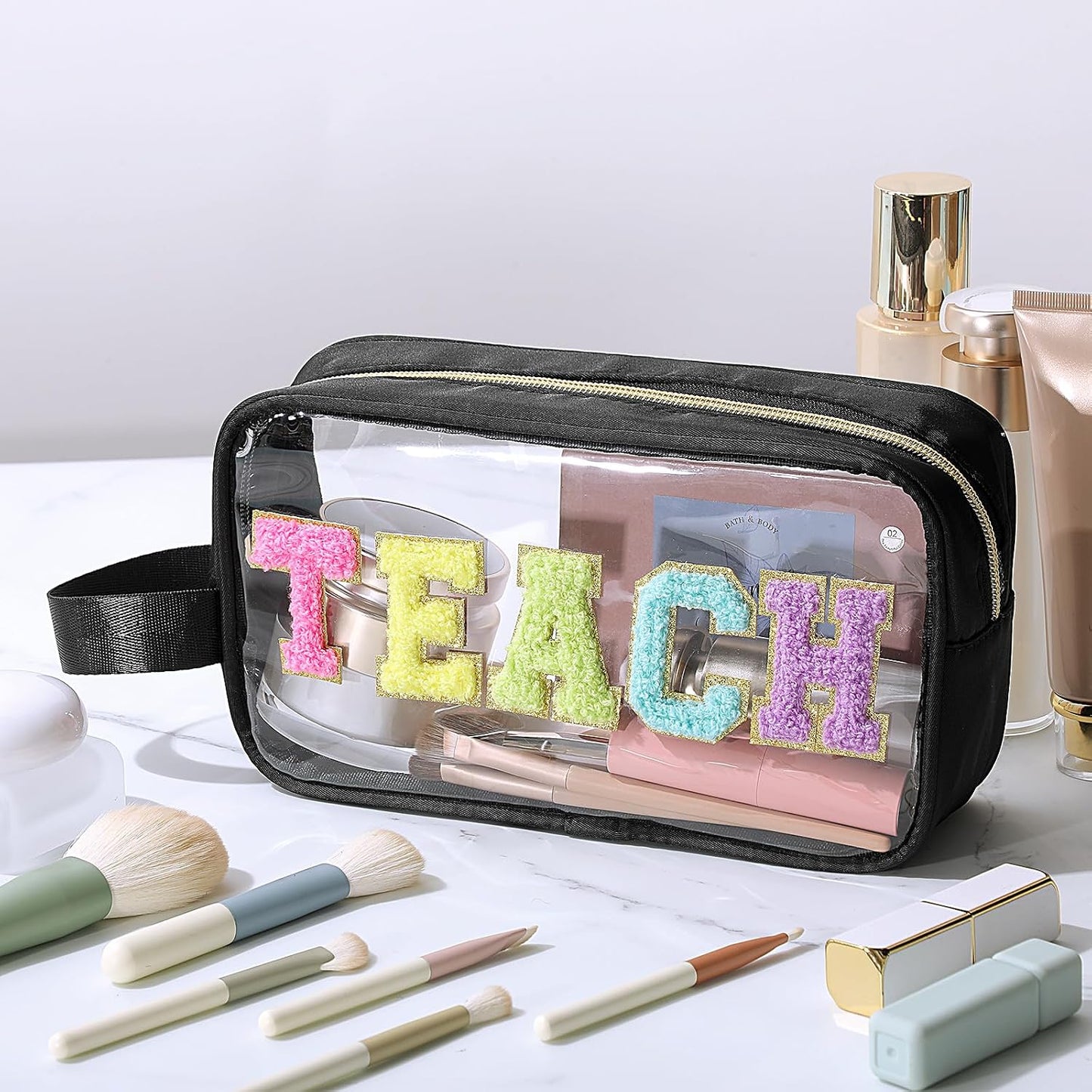 Teacher Survival Kit Bag - Waterproof Clear Makeup Pouch with Chenille Letters | Perfect Gift for Women