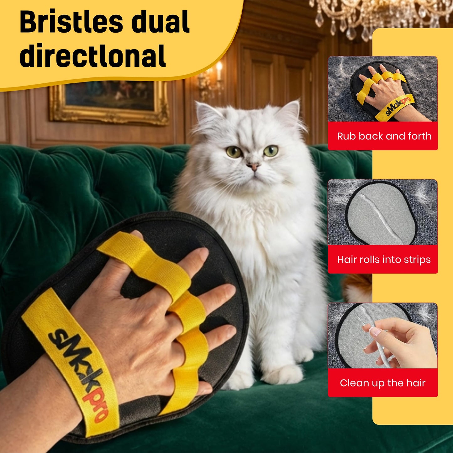 Smakpro Cat Hair Remover Gloves with 19" Adjustable Handle Brush - Five Finger Magic Gloves | Reusable Pet Fur Remover Mitt | Dog Hair Removal Electrostatic Tool for Lundry Carpet Bedding Clothes