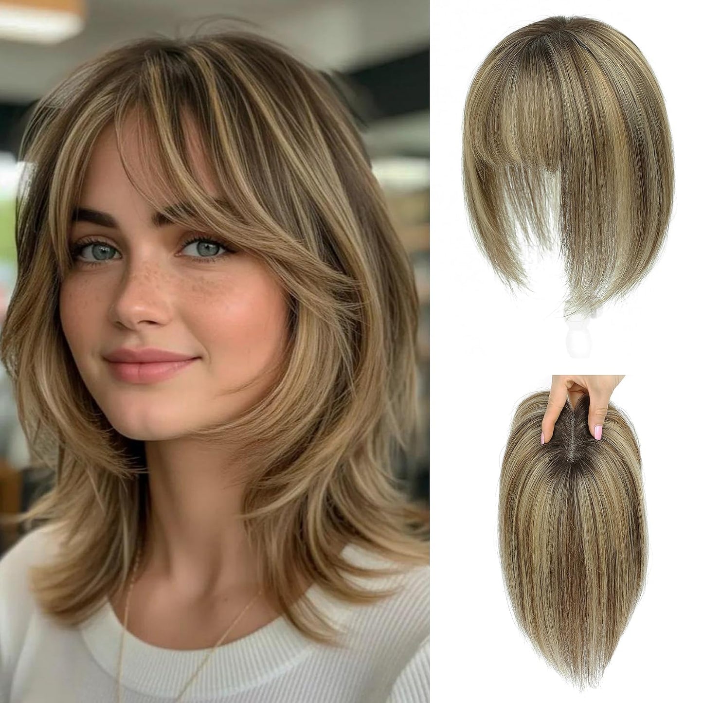 Human Hair Toppers for Women - Real Hair Pieces with Bangs | 360° Coverage, 10-Inch, 30g