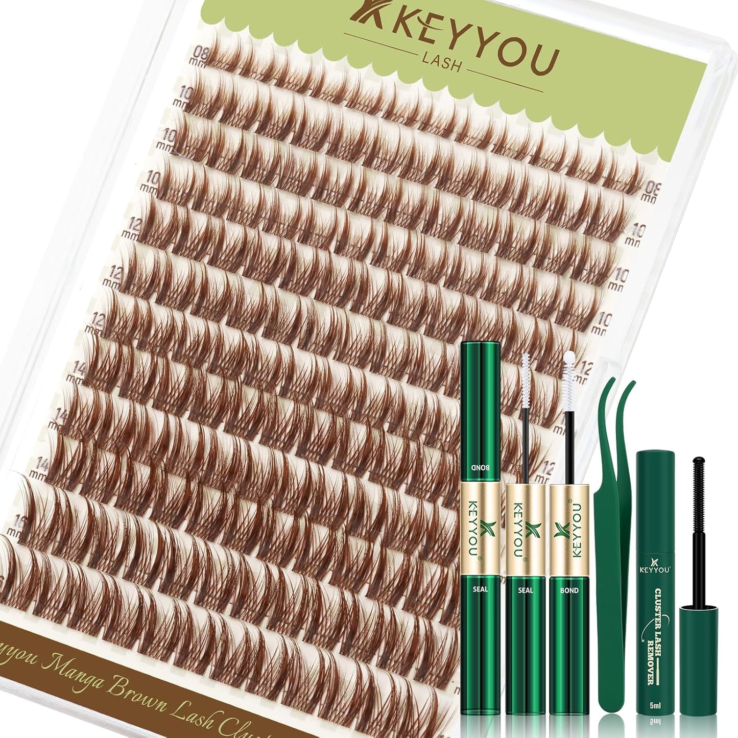 Manga Brown Lash Clusters Kit - Natural Fluffy Individual Eyelash Extensions | DIY Clear Band Lashes with Bond & Seal Glue