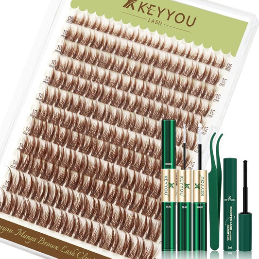 Manga Brown Lash Clusters Kit - Natural Fluffy Individual Eyelash Extensions | DIY Clear Band Lashes with Bond & Seal Glue
