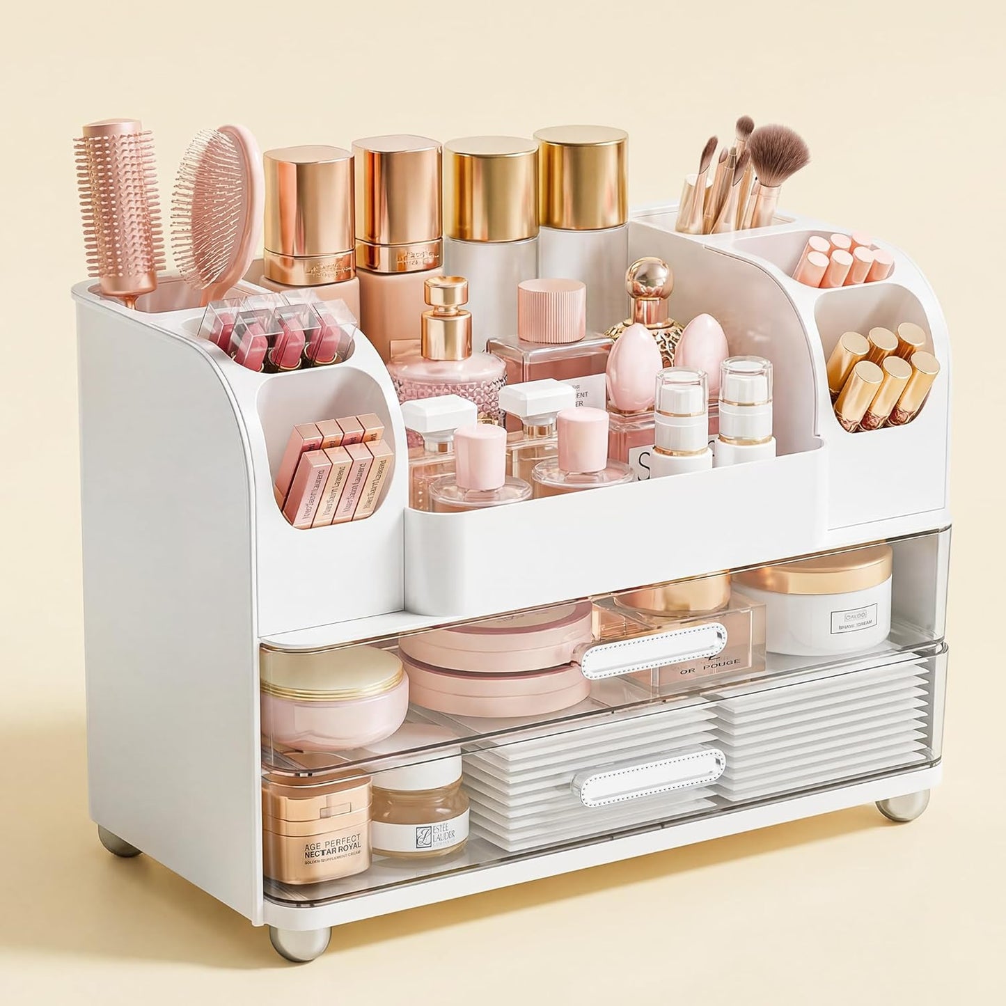 Makeup Organizer - Large Vanity Storage with Drawers | Skincare, Brush Holder & Perfume Display (White)