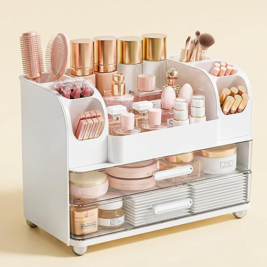 Makeup Organizer - Large Vanity Storage with Drawers | Skincare, Brush Holder & Perfume Display (White)