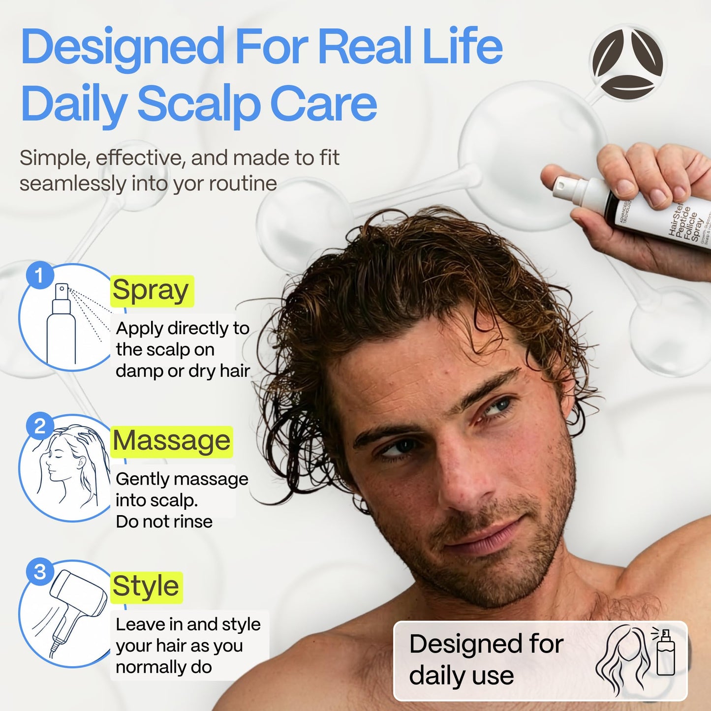 Advanced Trichology HairStem™ Peptide Spray for Thicker, Fuller-Looking Hair | Leave-In Post-Shower Scalp Spray with Peptides, Rice Protein & Prebiotics | Lightweight, Non-Greasy Volumizing Hair Spray
