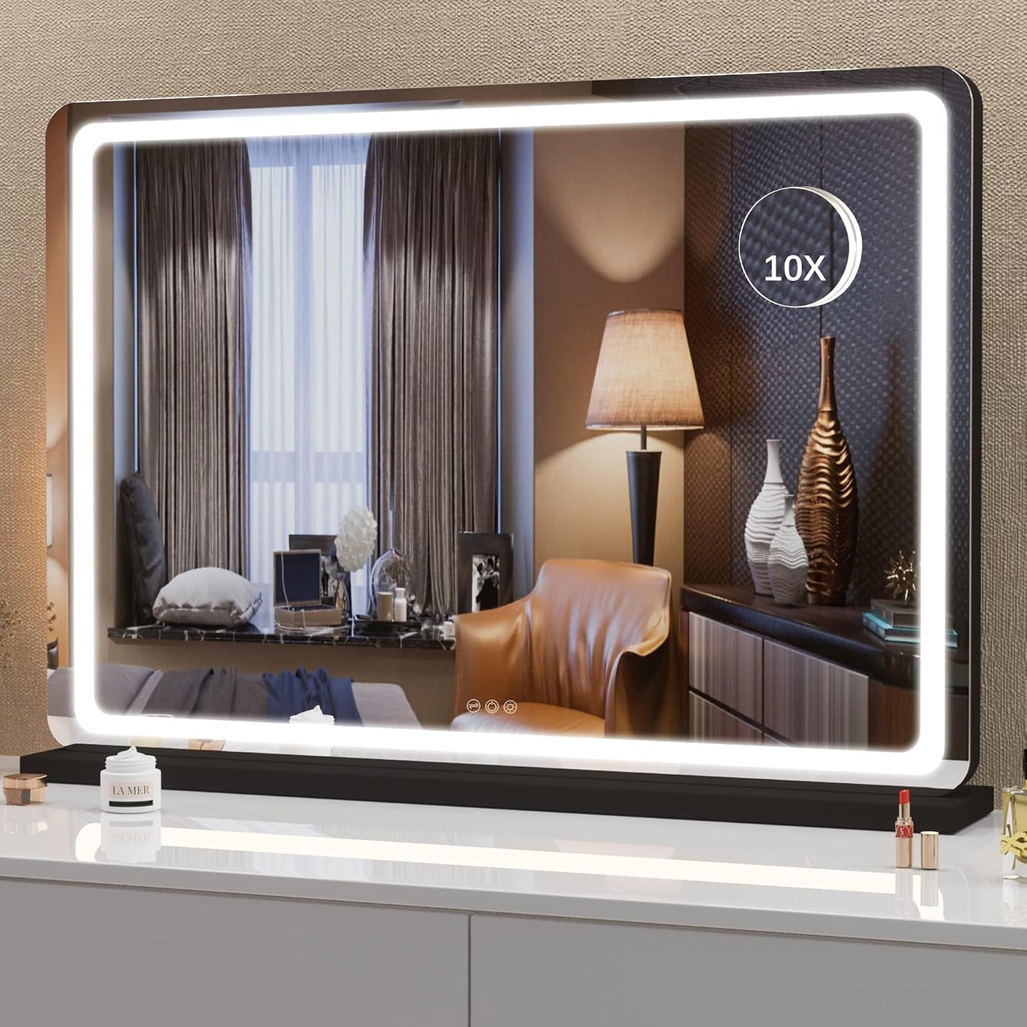 LED Makeup Mirror with Lights - 31.5" x 22" Dimmable Touch Screen Vanity Mirror | Round Black Design