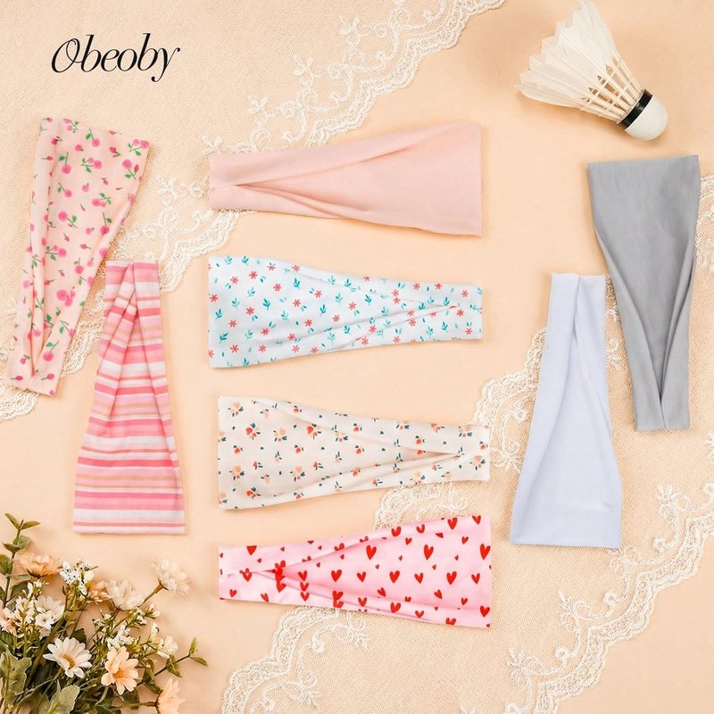 8 Pack Pink Floral Stripe Headbands for Girls - Non-Slip Summer Accessories