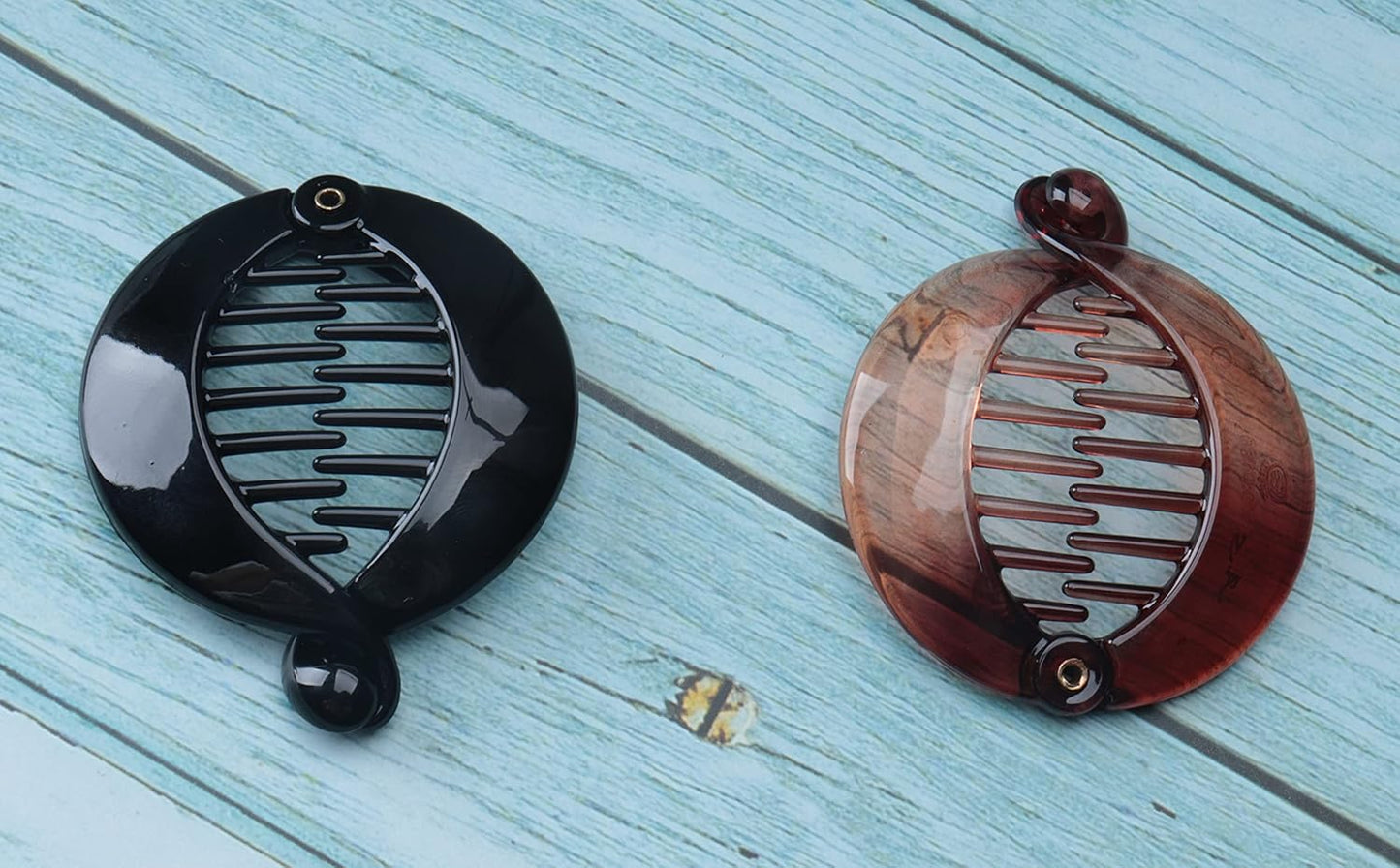 Sowaka 2 Pcs Banana Hair Clip Set - Fashionable Round Plastic Fishtail Grips for Thick Hair | Black & Brown