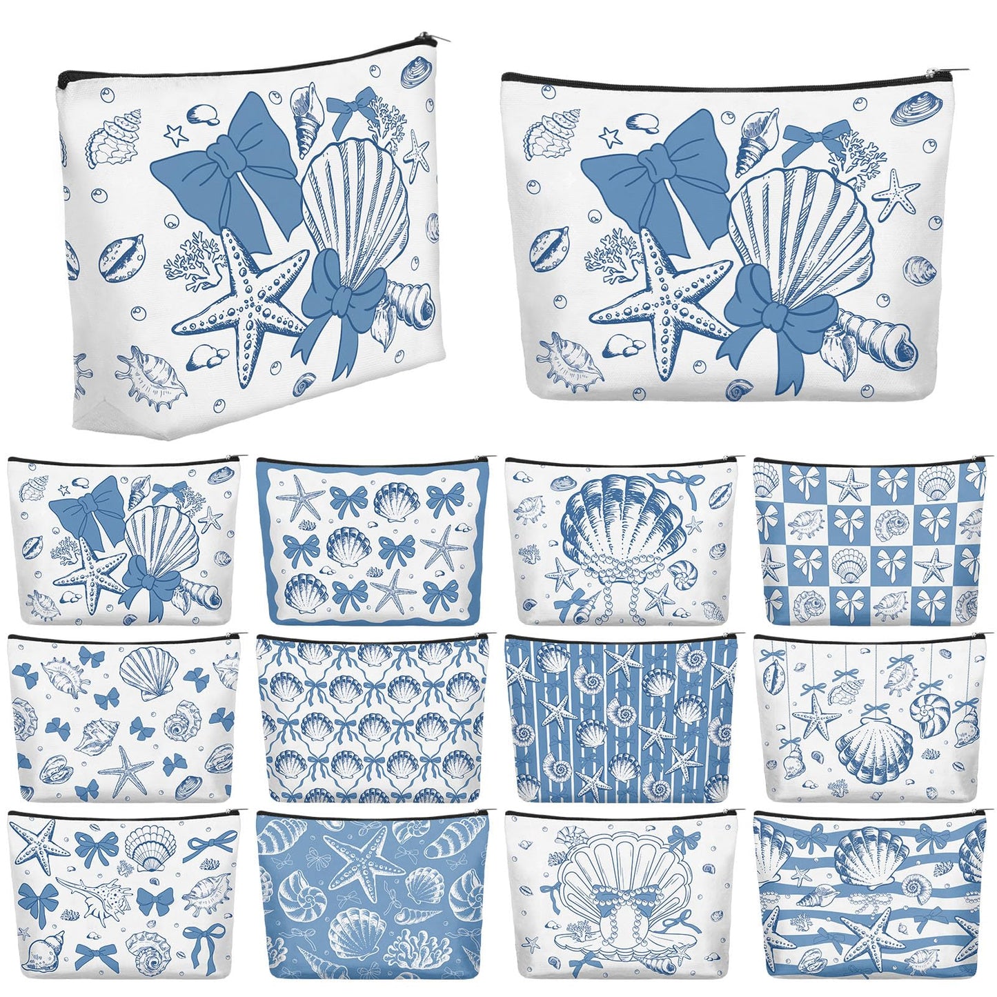 Reginary 12 Pcs Ocean Bow Makeup Bags Beach Gifts for Women Seashell Starfish Cosmetic Bags with Zippers Coquette Aesthetic Pouch Bulk Gifts for Stuff Nautical Party Favors Supplies Travel Accessory