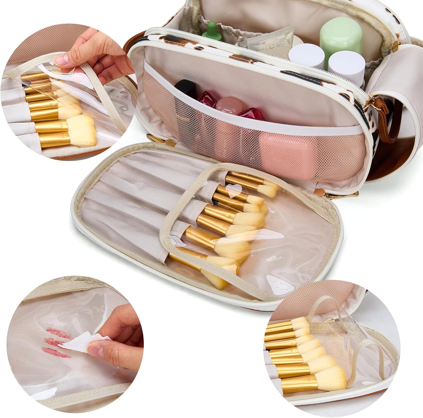 Large Makeup Bag - Travel Toiletry Organizer with Divider & Handle | Cowprint Design for Women