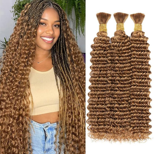 100% Unprocessed Human Hair for Braiding - #27 Honey Blonde Curly Bulk Hair | 16 Inch, 150g, 3 Bundles