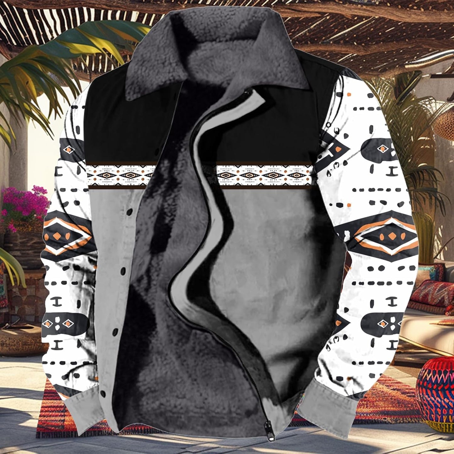 Aztec Cowboy Western Jackets for Men - Long Sleeve Sherpa Fleece | Retro Ethnic Print Warm Coats