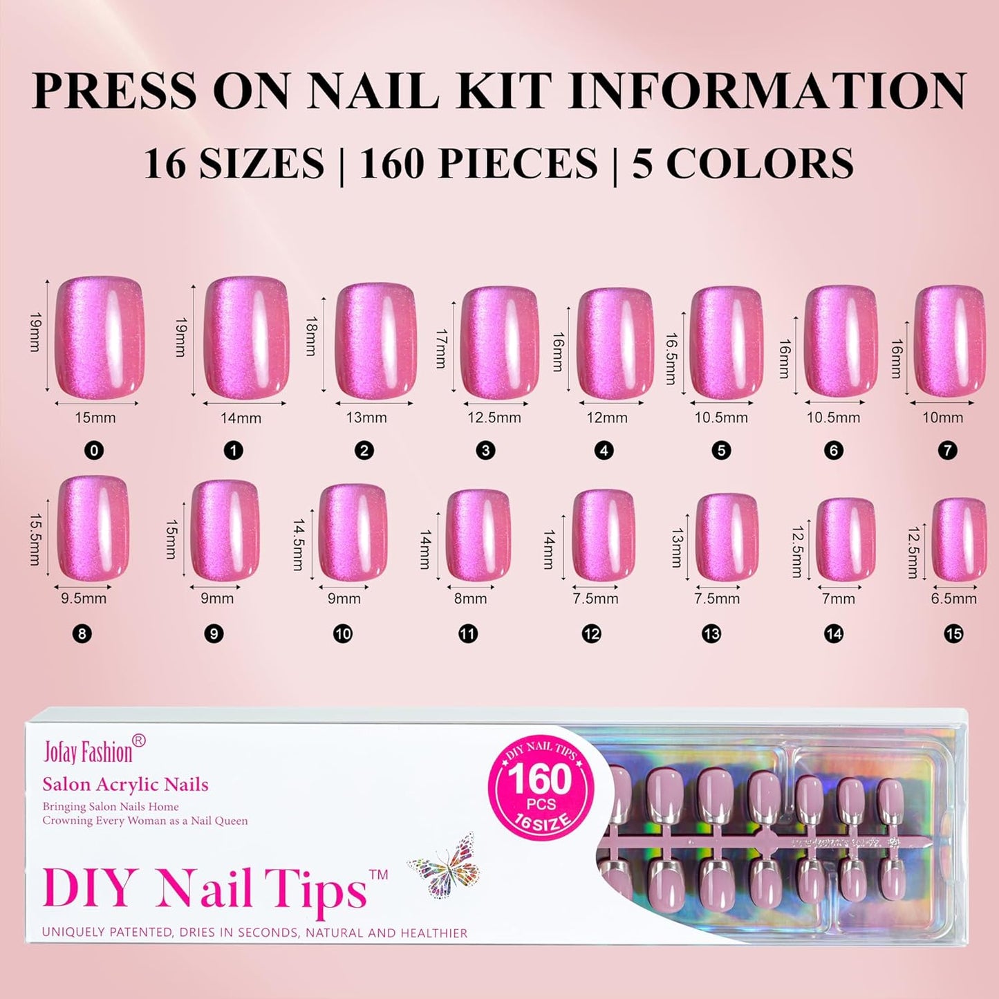 Press On Nails - Short 5 Styles | 160Pcs Acrylic Fake Nails with Chrome, Rainbow & Cat Eye Designs