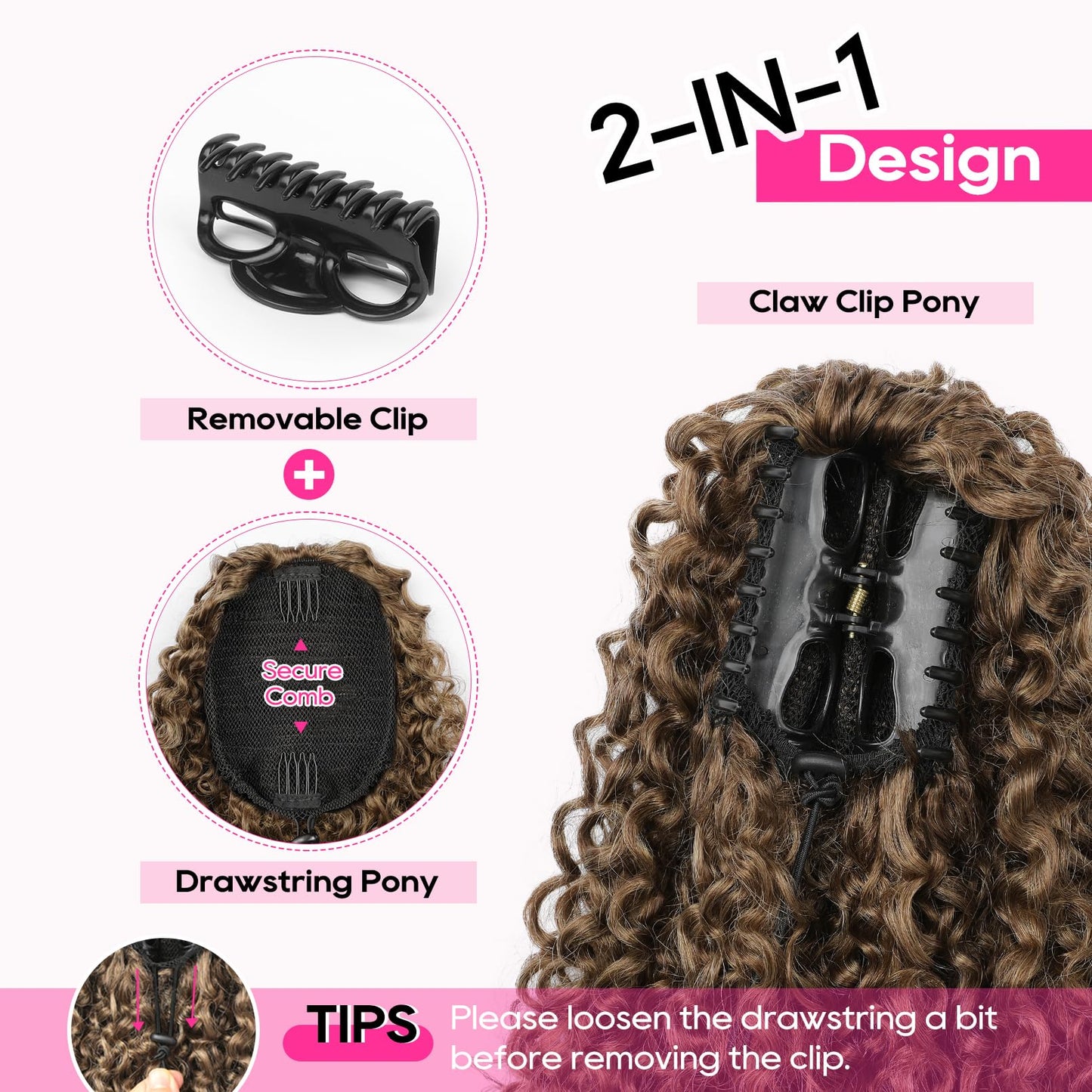 REECHO Ponytail Extension - 26" Long Curly 2-in-1 Claw Clip & Drawstring Ponytail Hair Extensions 100% Super Protein Pony Tail Hairpieces for Women - Golden Walnut