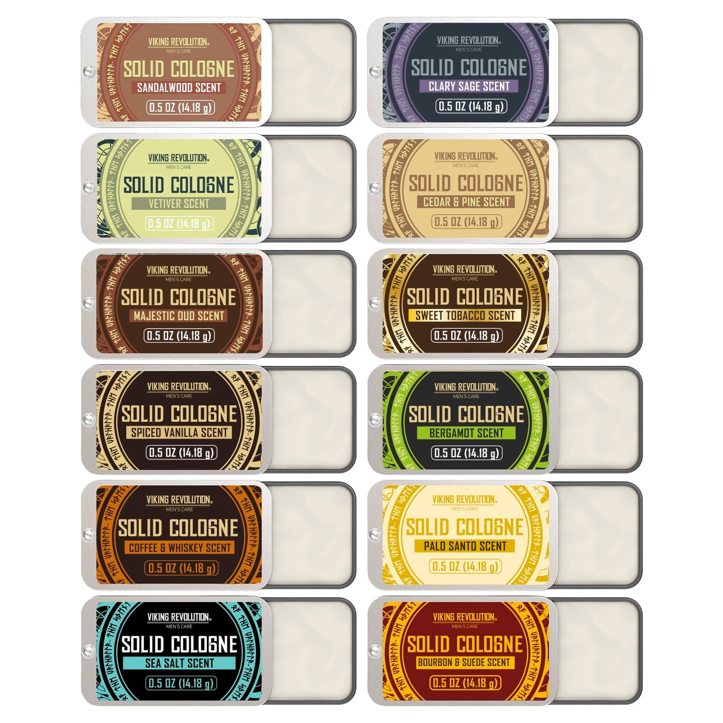 Viking Revolution Solid Cologne Gift Set - 12 Travel Size Colognes with Sandalwood, Vetiver & More | 0.5 Oz Each