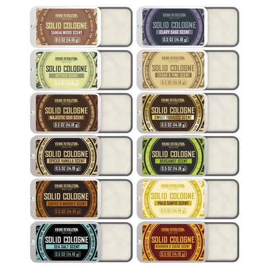 Viking Revolution Solid Cologne Gift Set - 12 Travel Size Colognes with Sandalwood, Vetiver & More | 0.5 Oz Each
