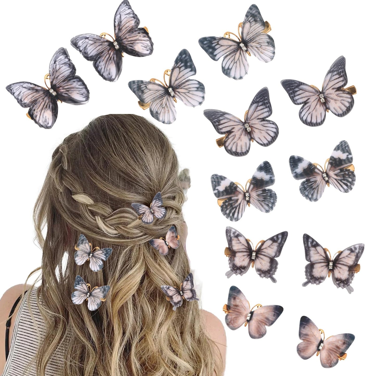 WHAVEL Butterfly Hair Clips for Girls 12PCS Cute Mesh Butterfly Clip Sparkling Fairy Hair Accessories for Daily, Cosplay & Halloween