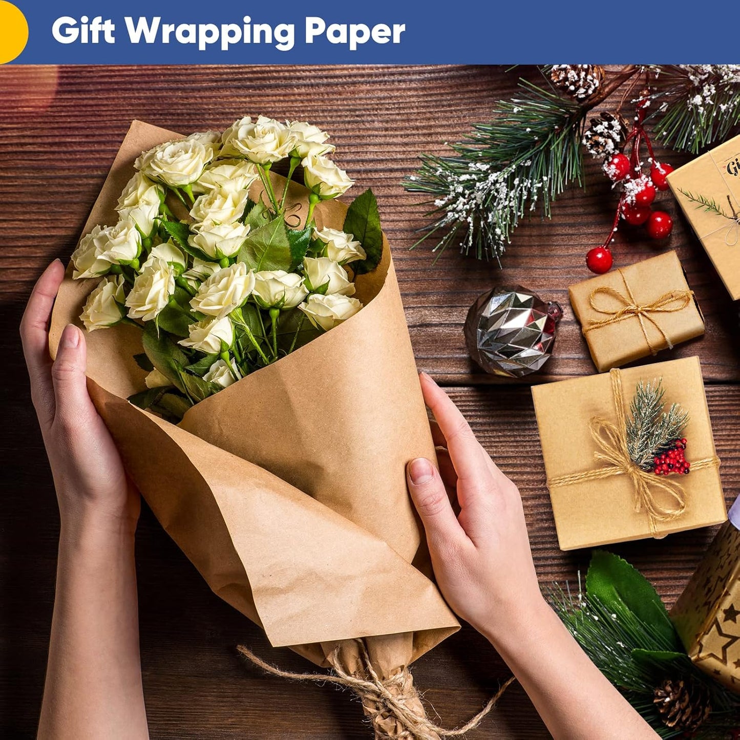 Brown Wrapping Paper Roll - Craft Kraft Packing Paper 17.5"x1200" for Gifts, Arts, & Moving Supplies | 70GSM