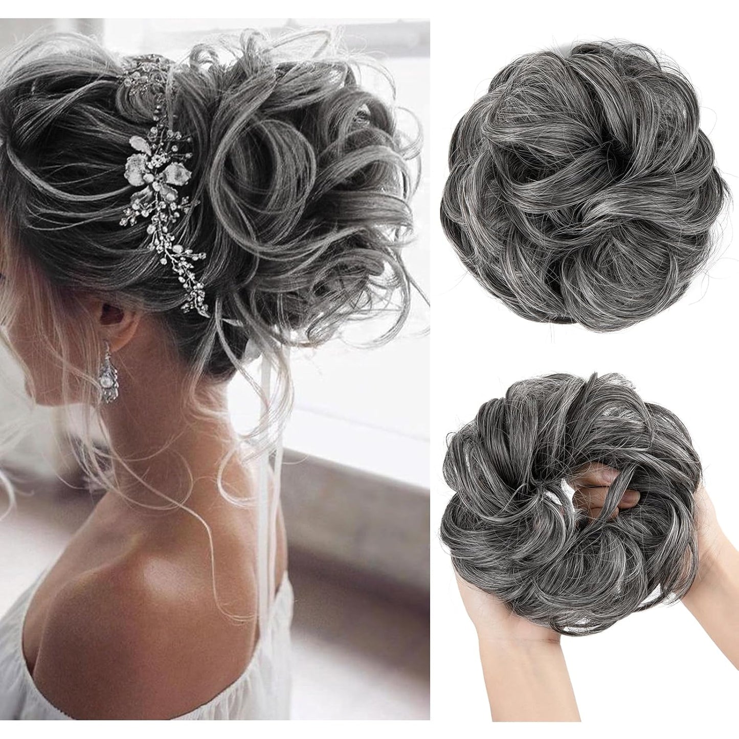 Large Messy Bun Hair Piece - Wavy Curly Synthetic Ponytail Extensions | Thick Updo in Pecan Blonde